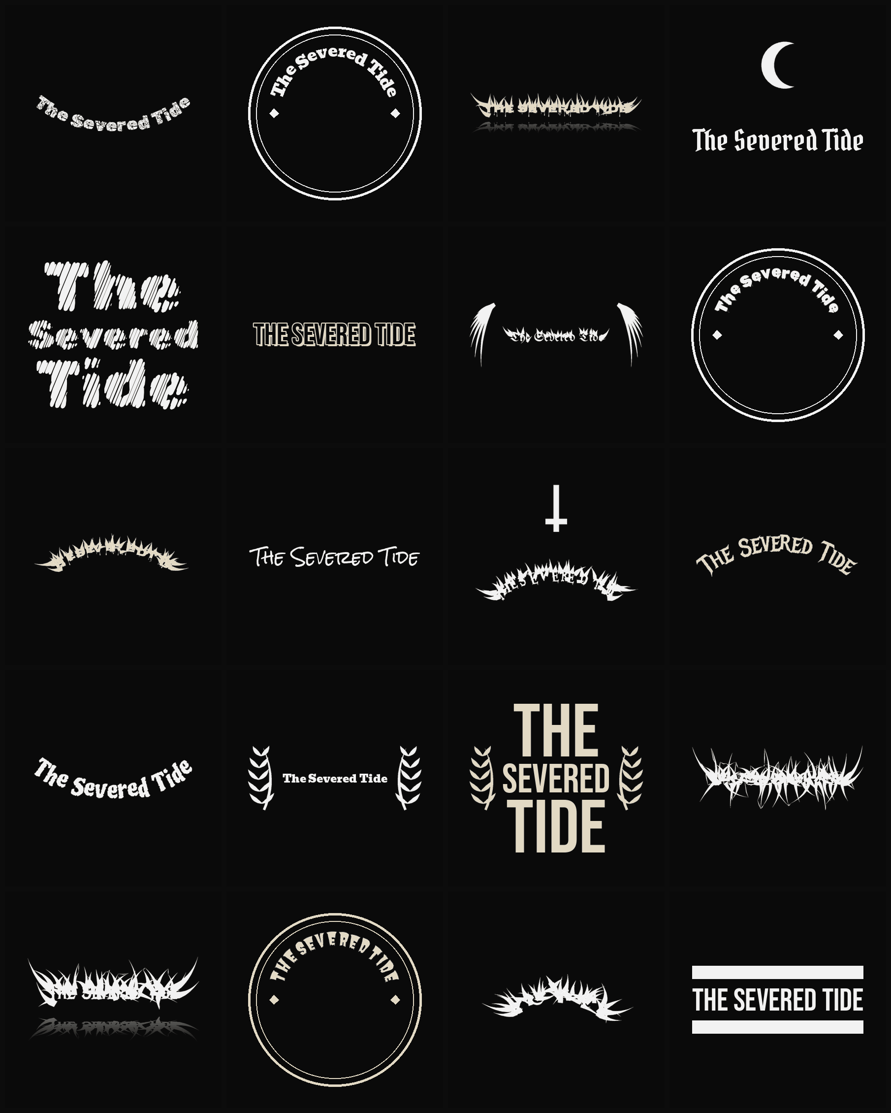 Twenty The Severed Tide band logo ideas — different faces, treatments and spike settings