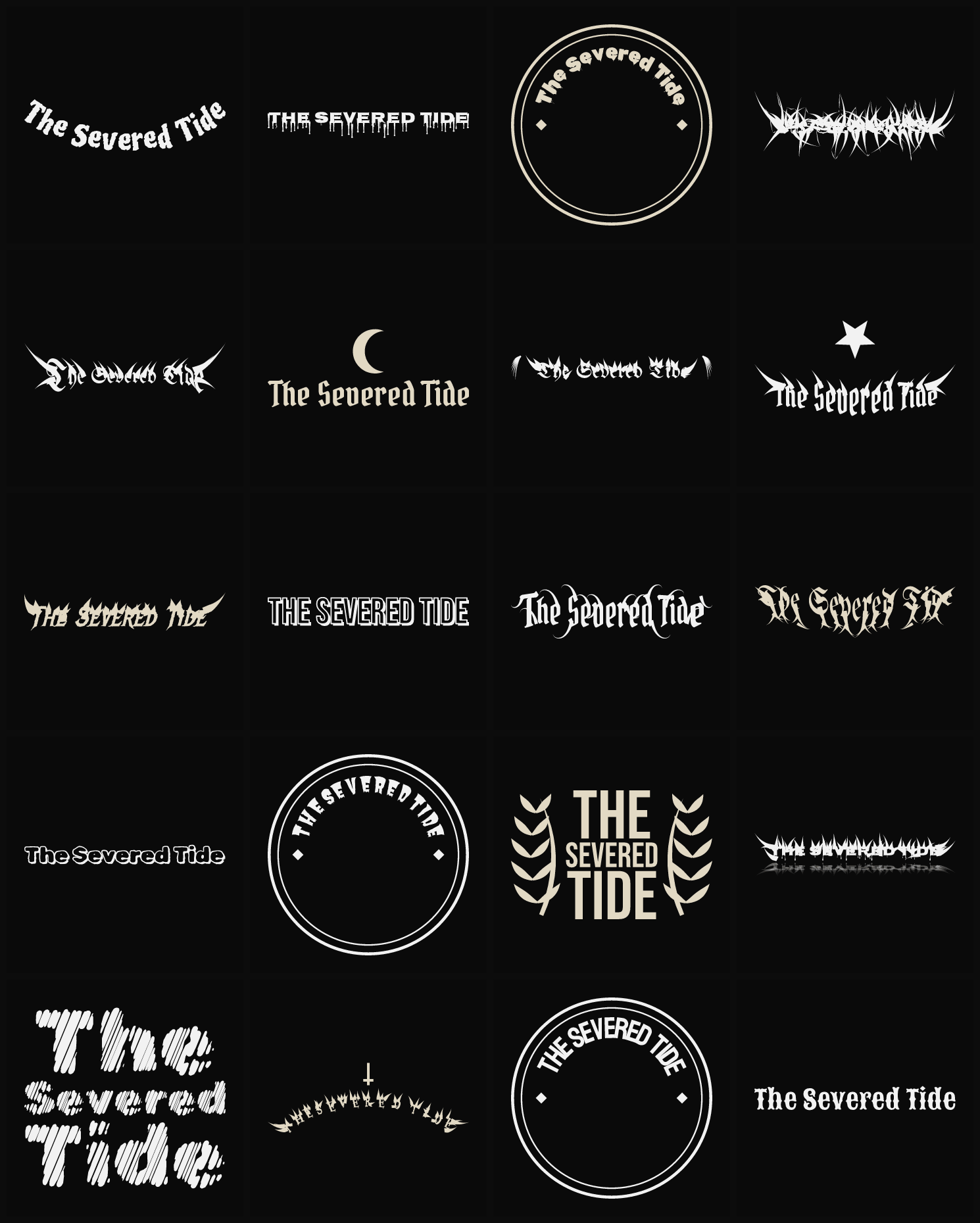Twenty The Severed Tide band logo ideas — different faces, treatments and spike settings