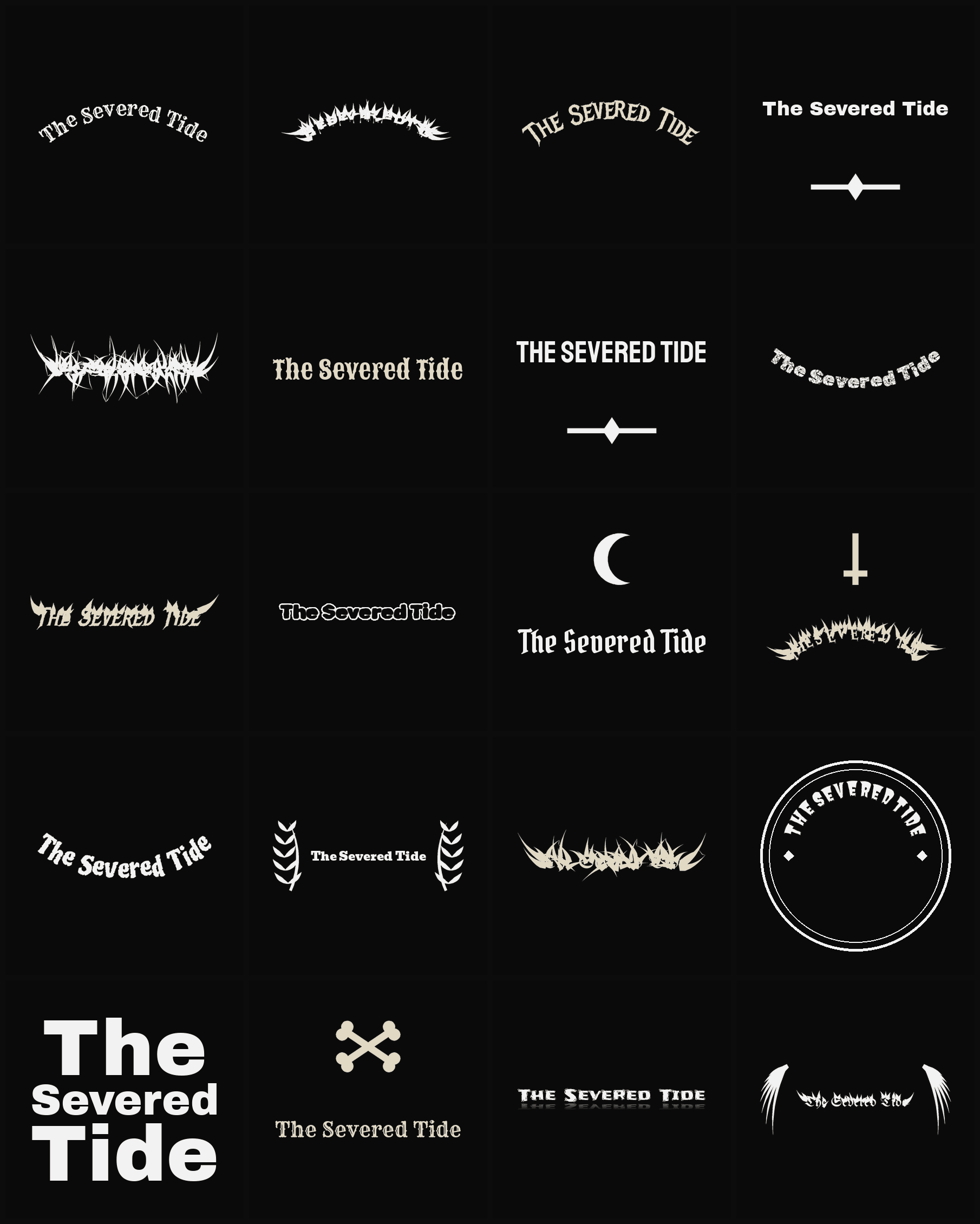 Twenty The Severed Tide band logo ideas — different faces, treatments and spike settings