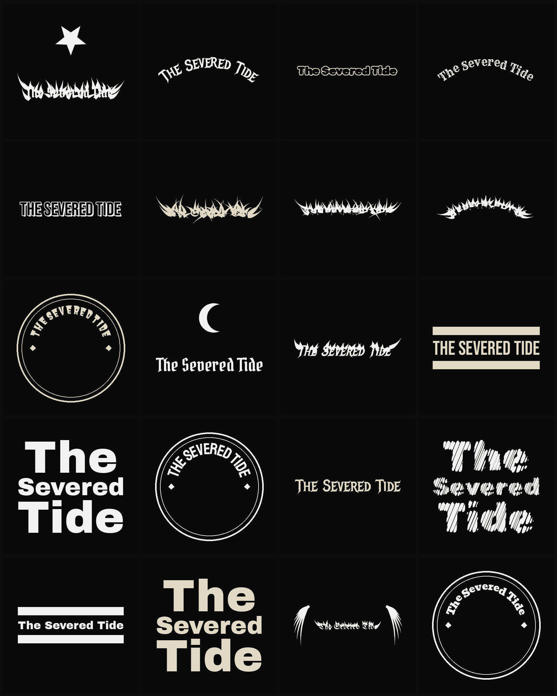 Twenty The Severed Tide band logo ideas — different faces, treatments and spike settings