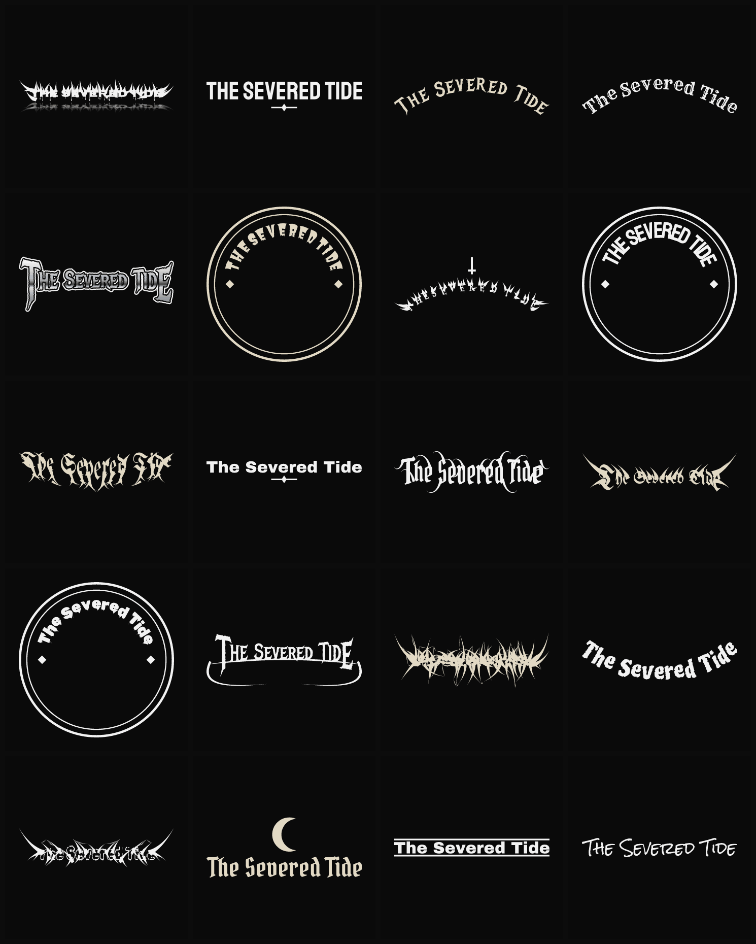 Twenty The Severed Tide band logo ideas — different faces, treatments and spike settings