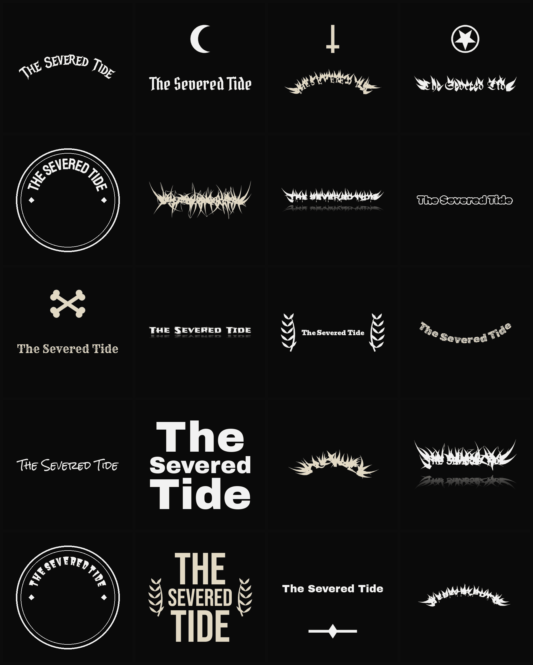 Twenty The Severed Tide band logo ideas — different faces, treatments and spike settings