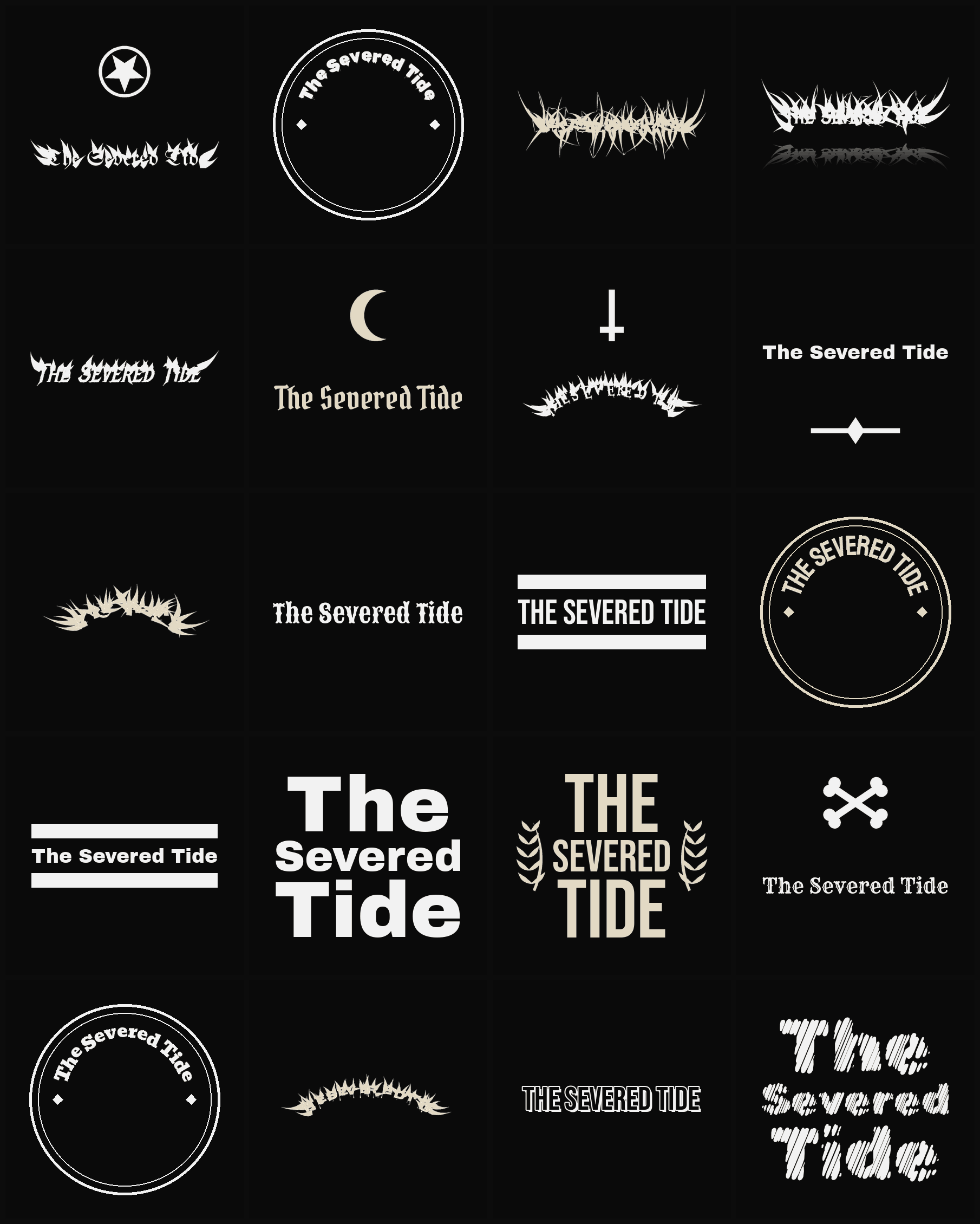 Twenty The Severed Tide band logo ideas — different faces, treatments and spike settings