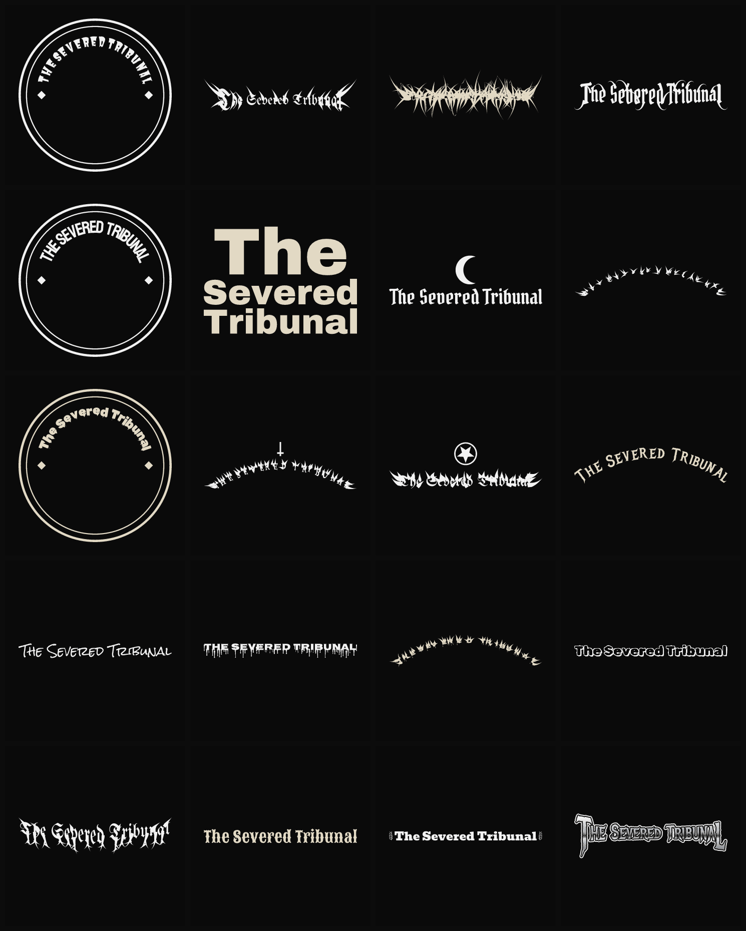 Twenty The Severed Tribunal band logo ideas — different faces, treatments and spike settings