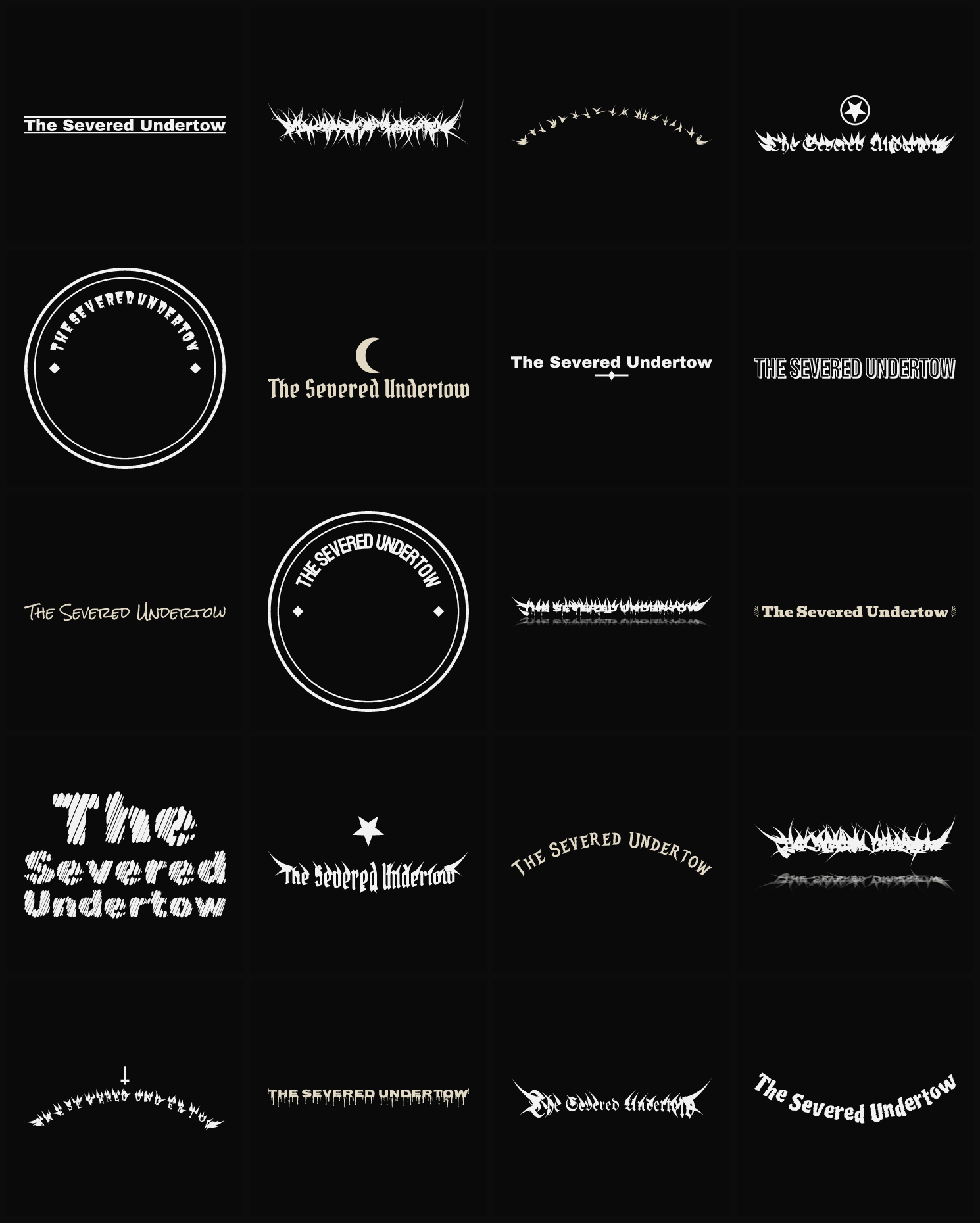 Twenty The Severed Undertow band logo ideas — different faces, treatments and spike settings