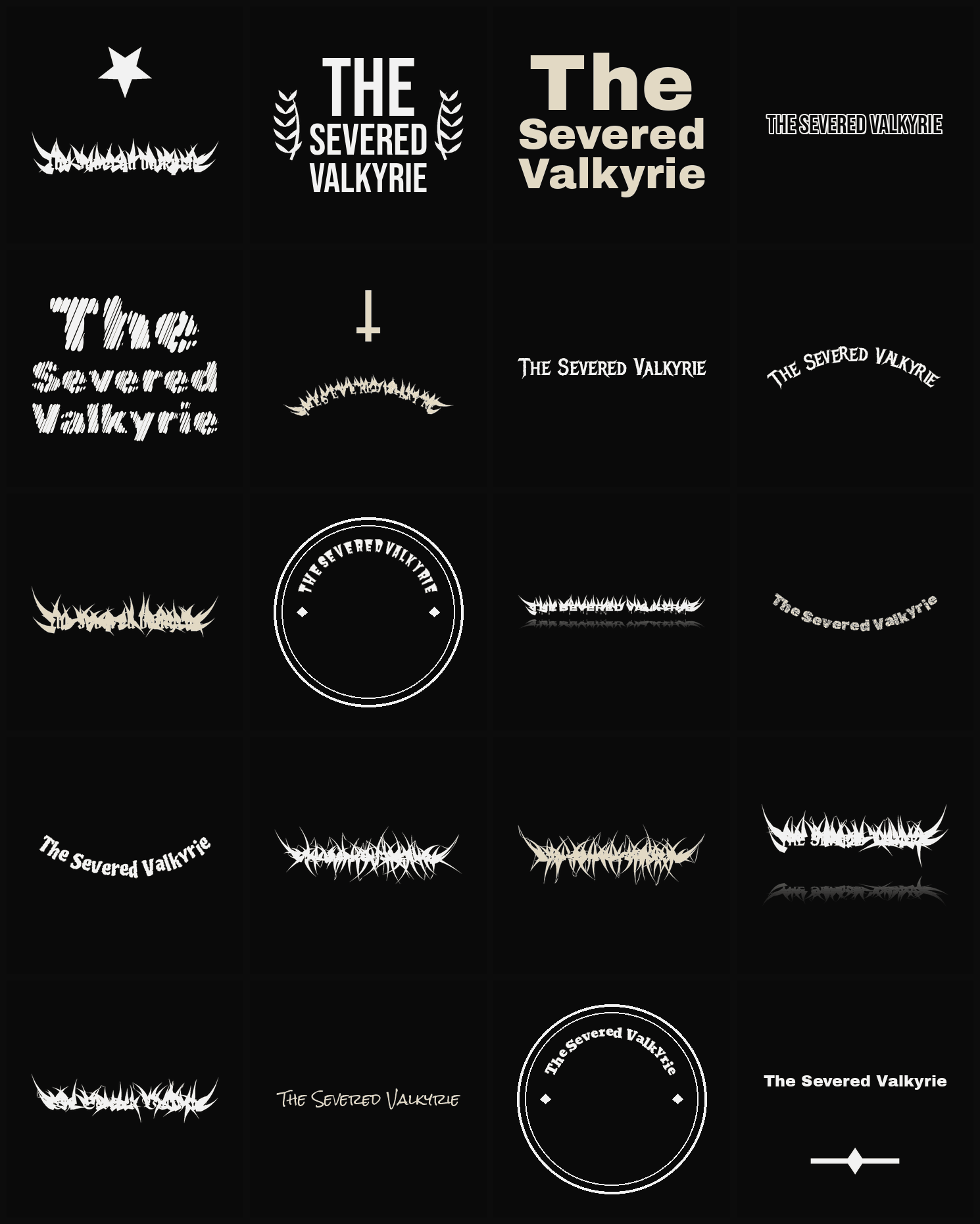 Twenty The Severed Valkyrie band logo ideas — different faces, treatments and spike settings