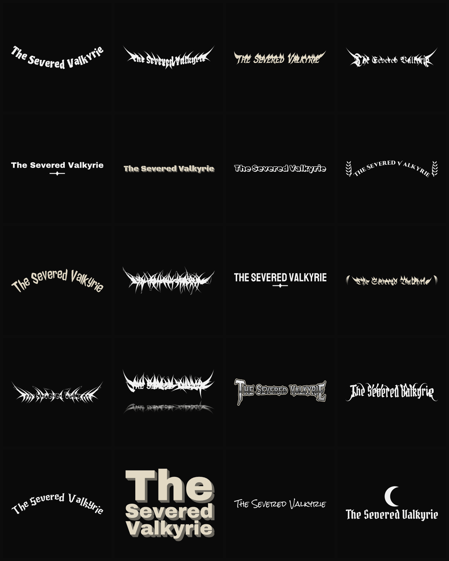 Twenty The Severed Valkyrie band logo ideas — different faces, treatments and spike settings