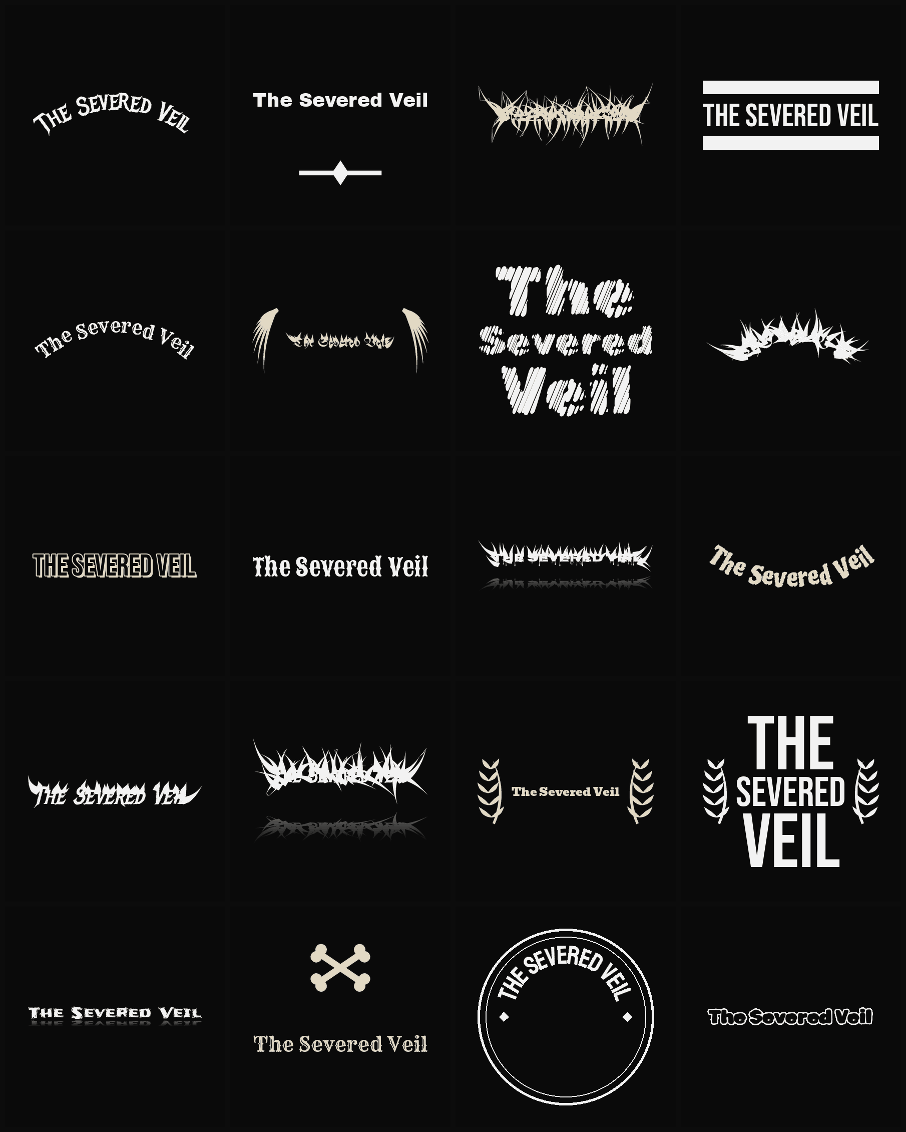 Twenty The Severed Veil band logo ideas — different faces, treatments and spike settings