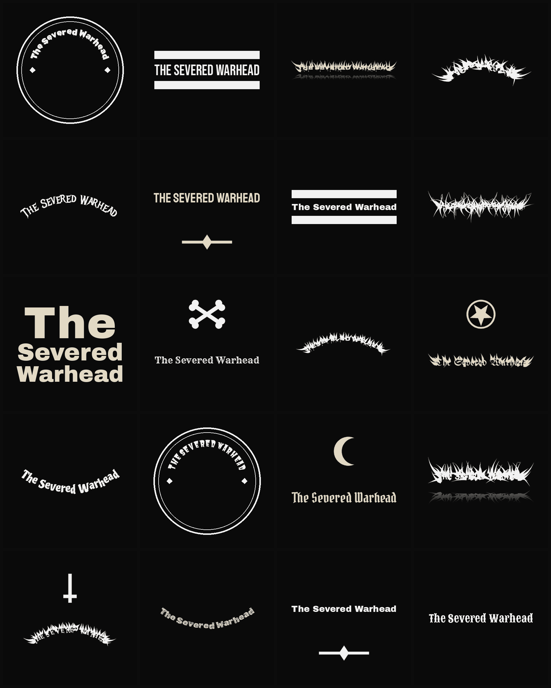 Twenty The Severed Warhead band logo ideas — different faces, treatments and spike settings