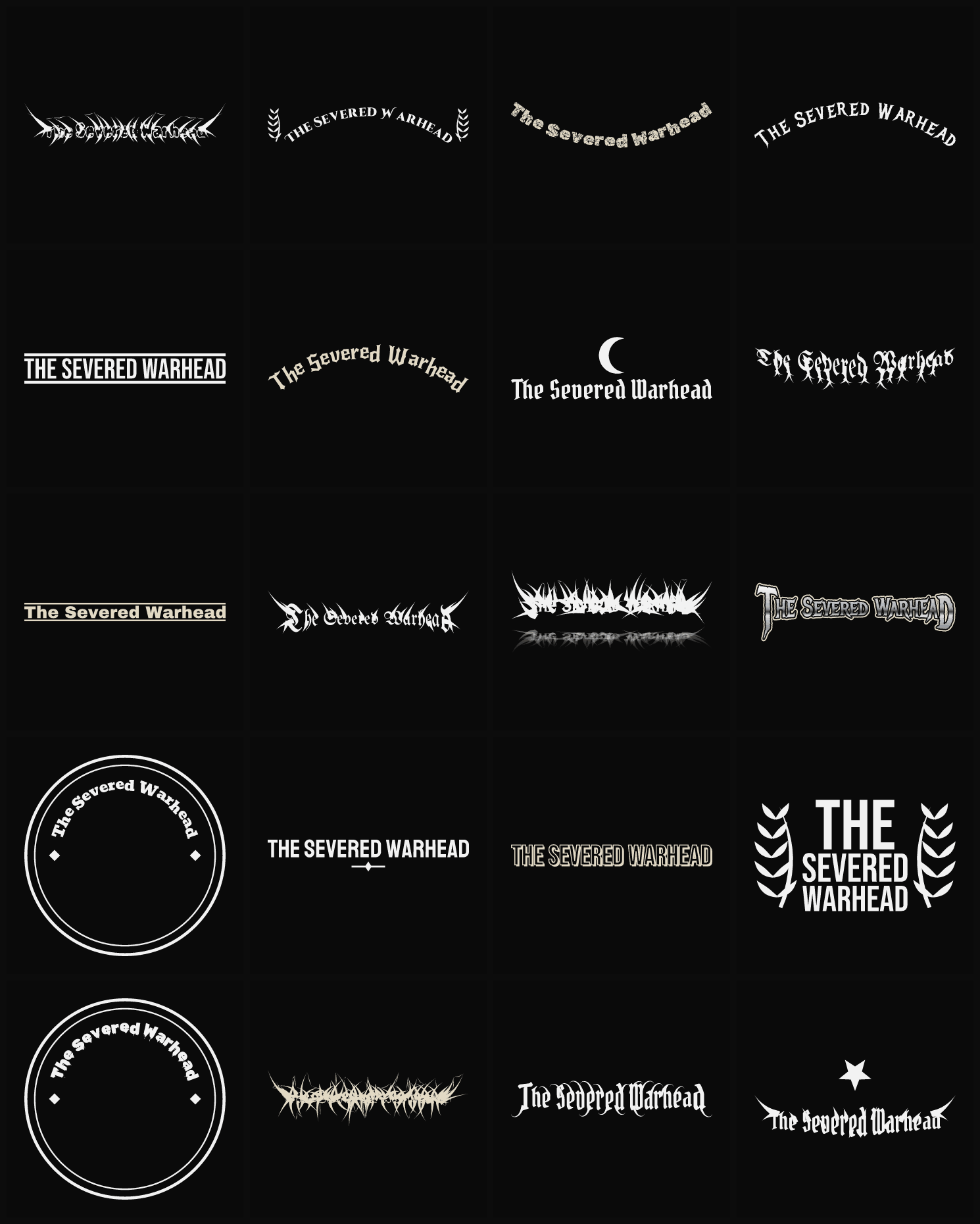 Twenty The Severed Warhead band logo ideas — different faces, treatments and spike settings