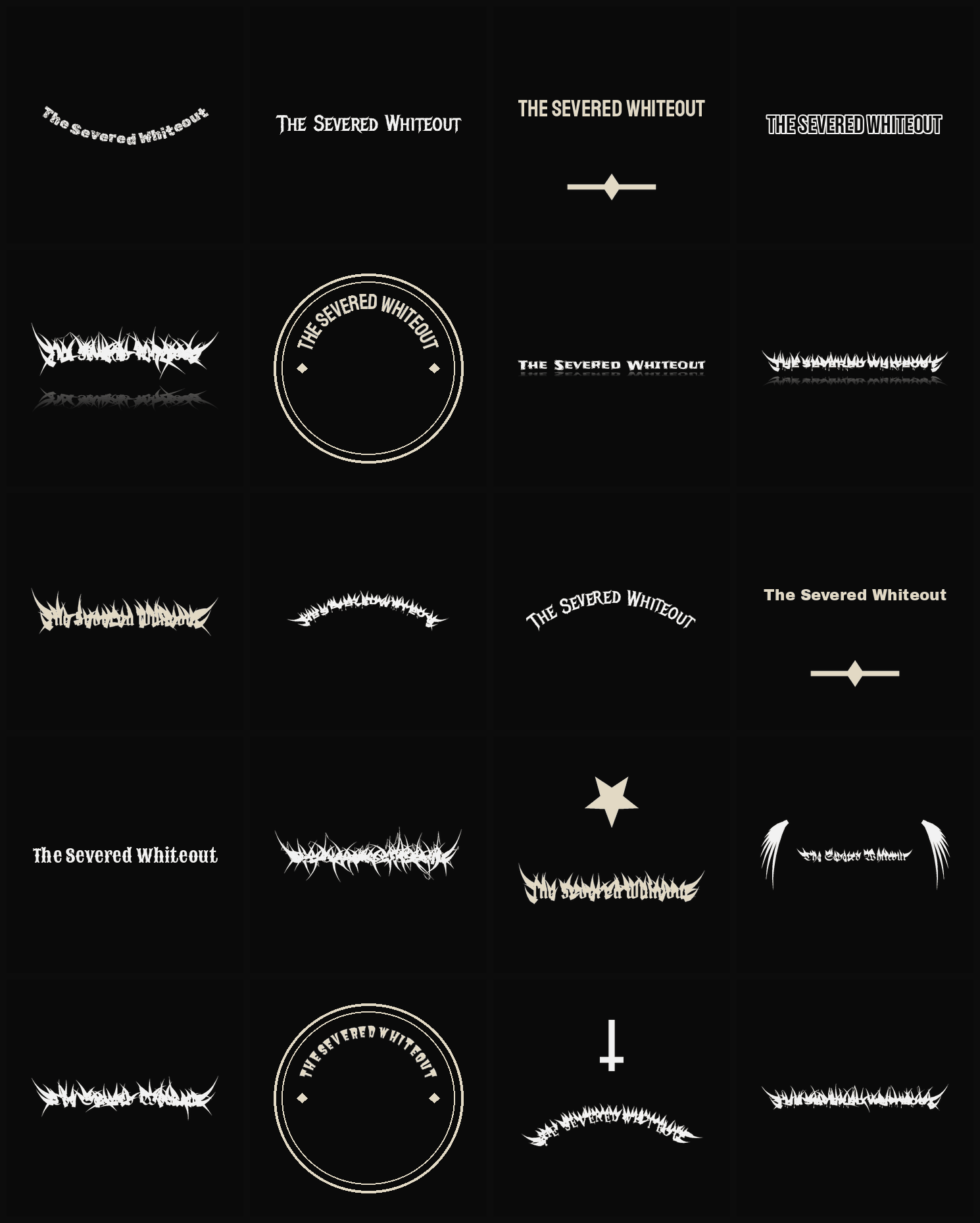 Twenty The Severed Whiteout band logo ideas — different faces, treatments and spike settings