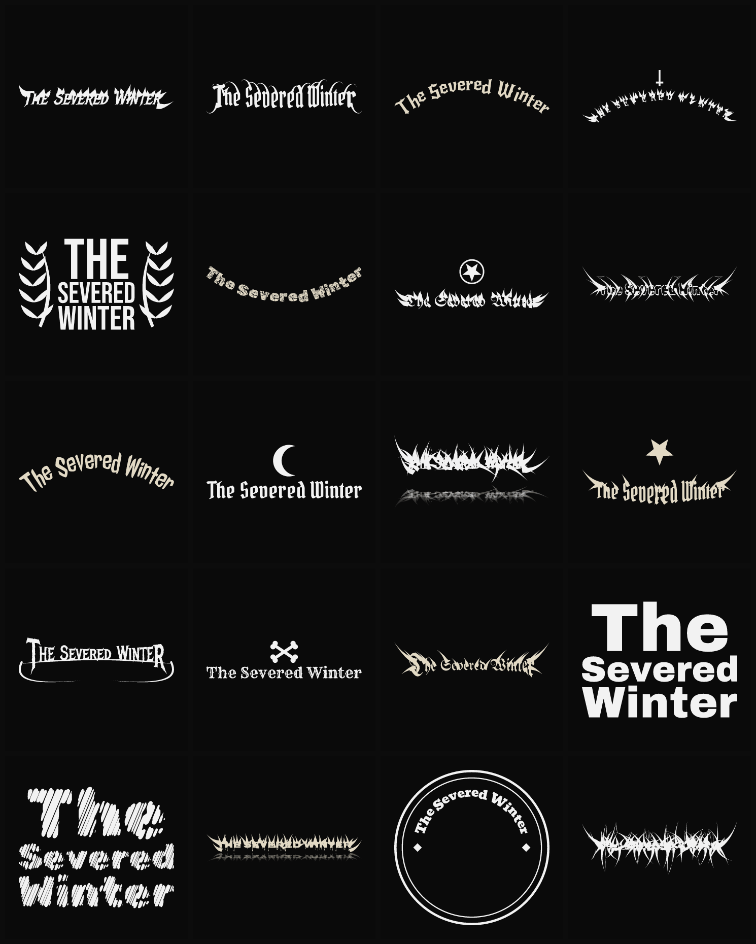 Twenty The Severed Winter band logo ideas — different faces, treatments and spike settings