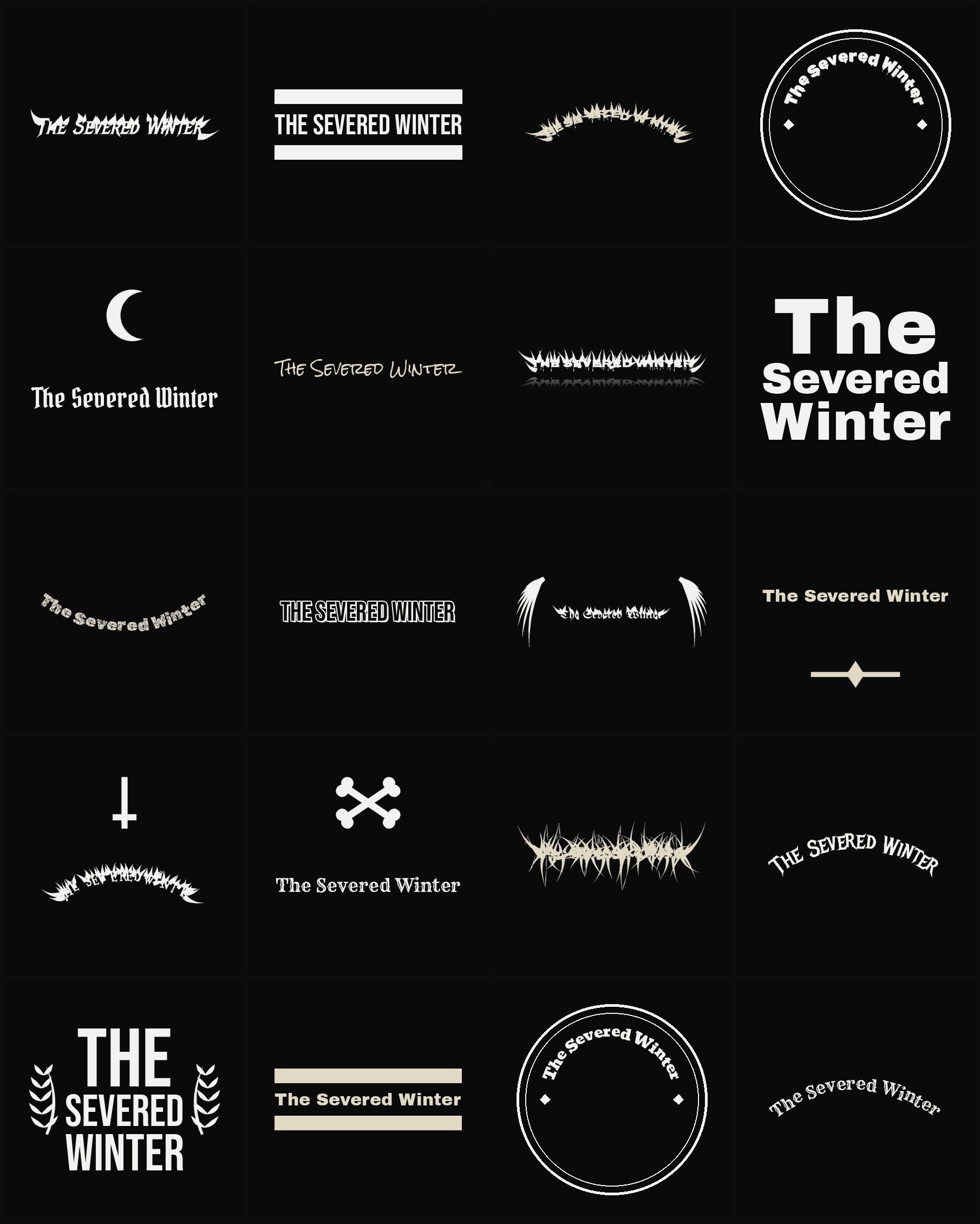 Twenty The Severed Winter band logo ideas — different faces, treatments and spike settings