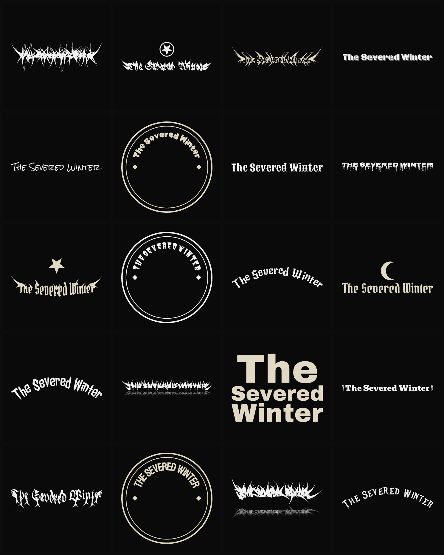 Twenty The Severed Winter band logo ideas — different faces, treatments and spike settings