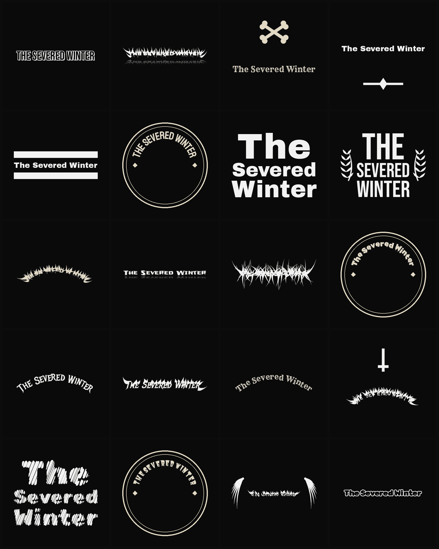 Twenty The Severed Winter band logo ideas — different faces, treatments and spike settings