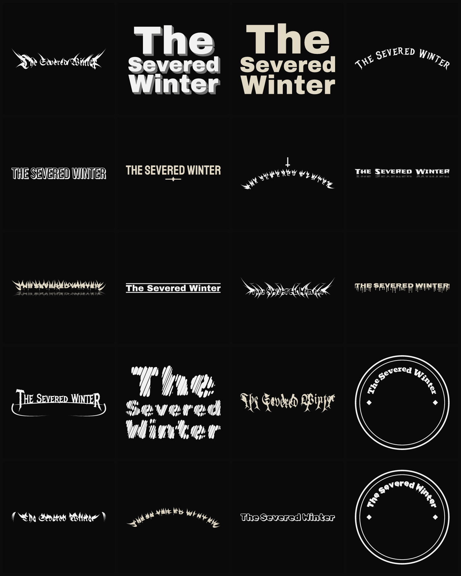 Twenty The Severed Winter band logo ideas — different faces, treatments and spike settings