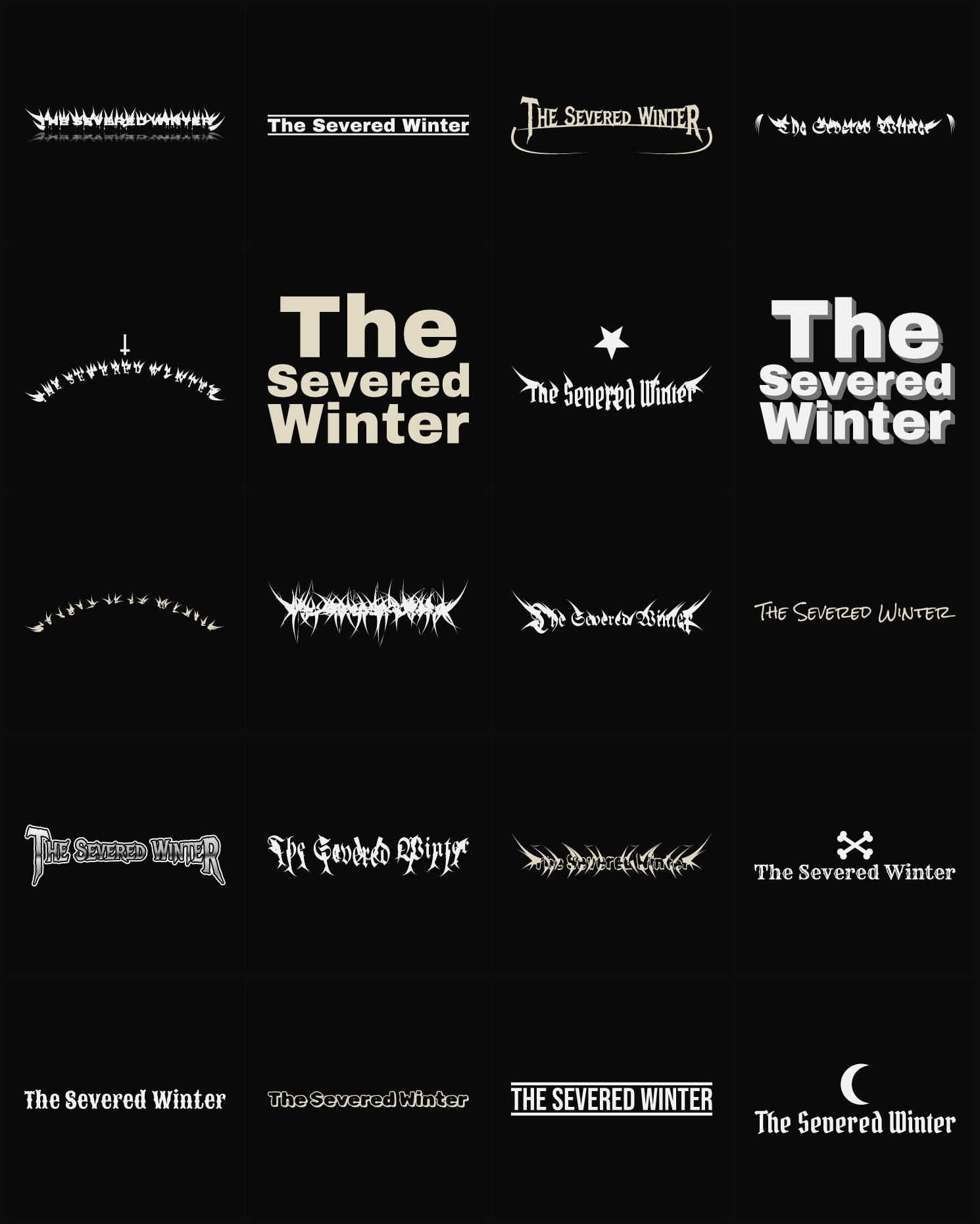 Twenty The Severed Winter band logo ideas — different faces, treatments and spike settings