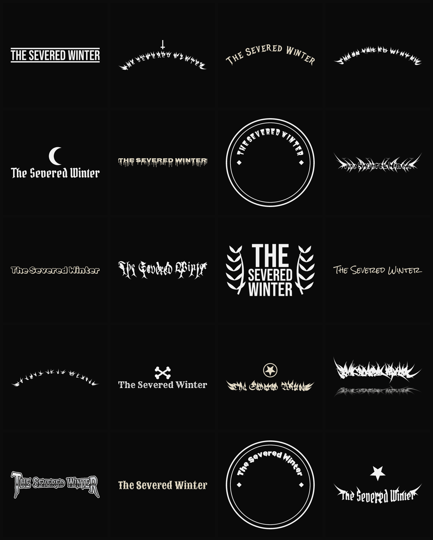 Twenty The Severed Winter band logo ideas — different faces, treatments and spike settings