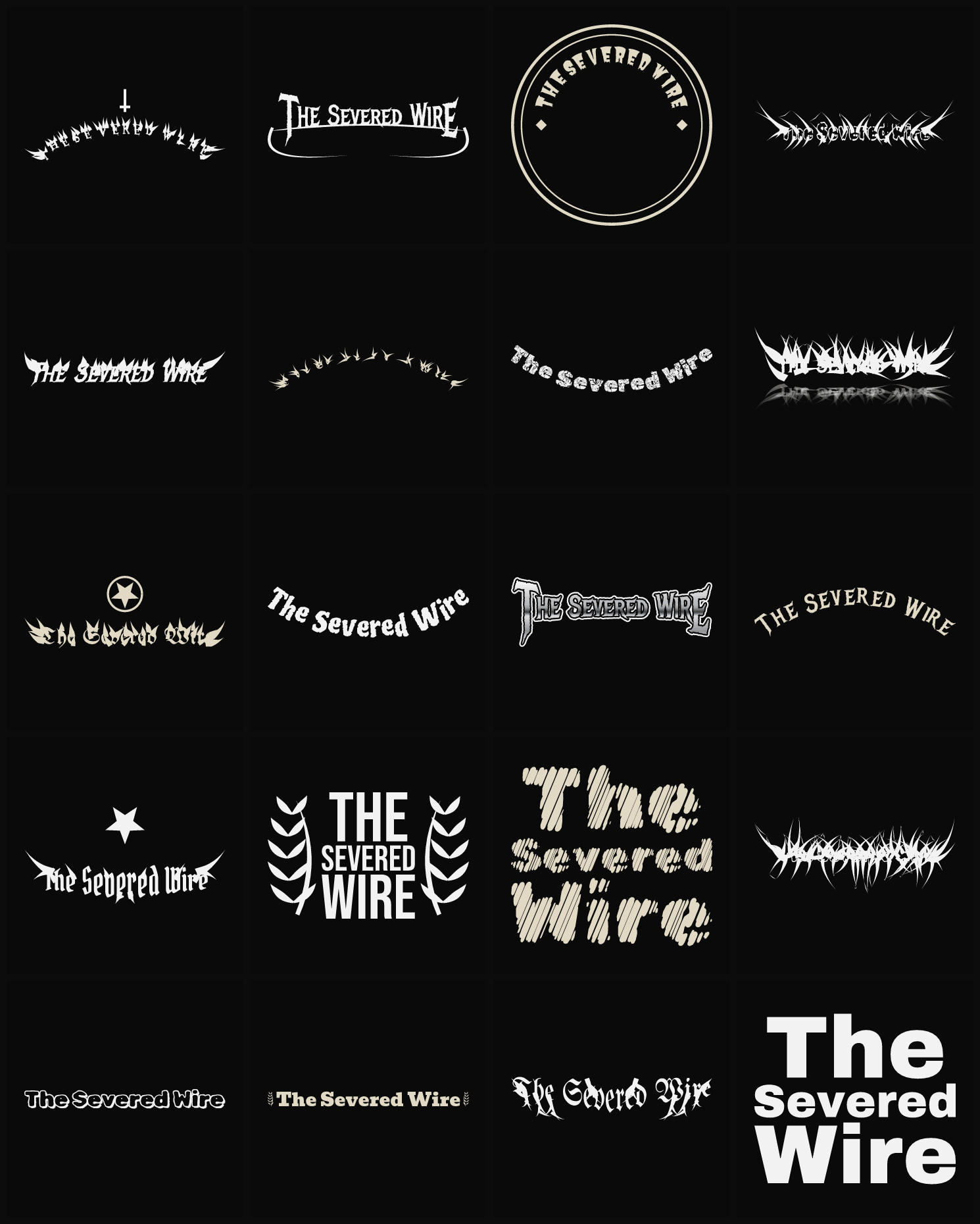 Twenty The Severed Wire band logo ideas — different faces, treatments and spike settings