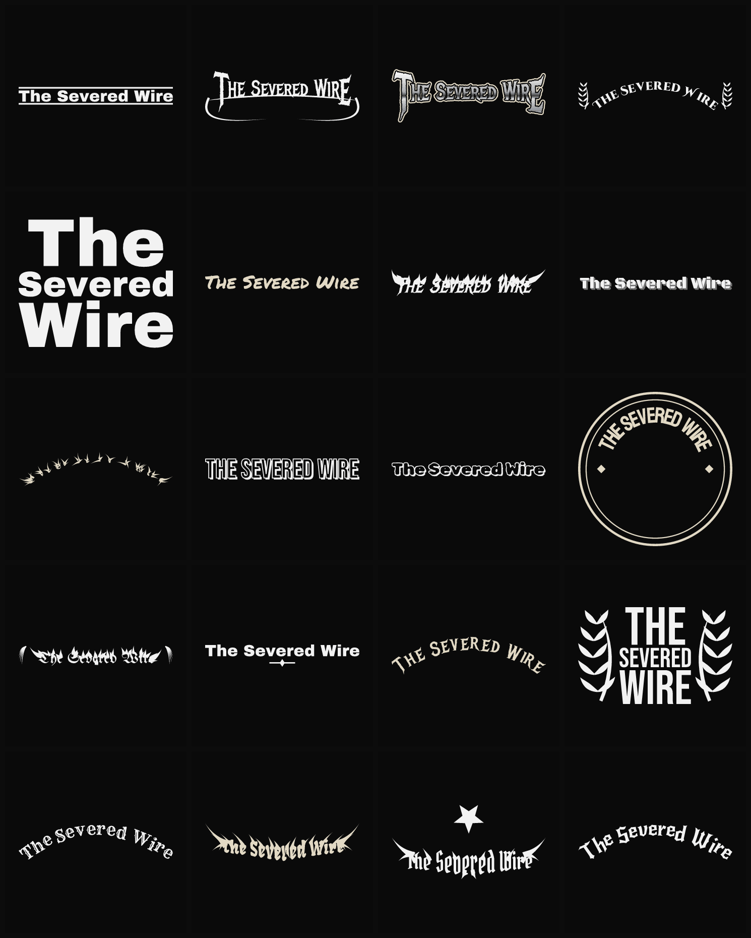 Twenty The Severed Wire band logo ideas — different faces, treatments and spike settings