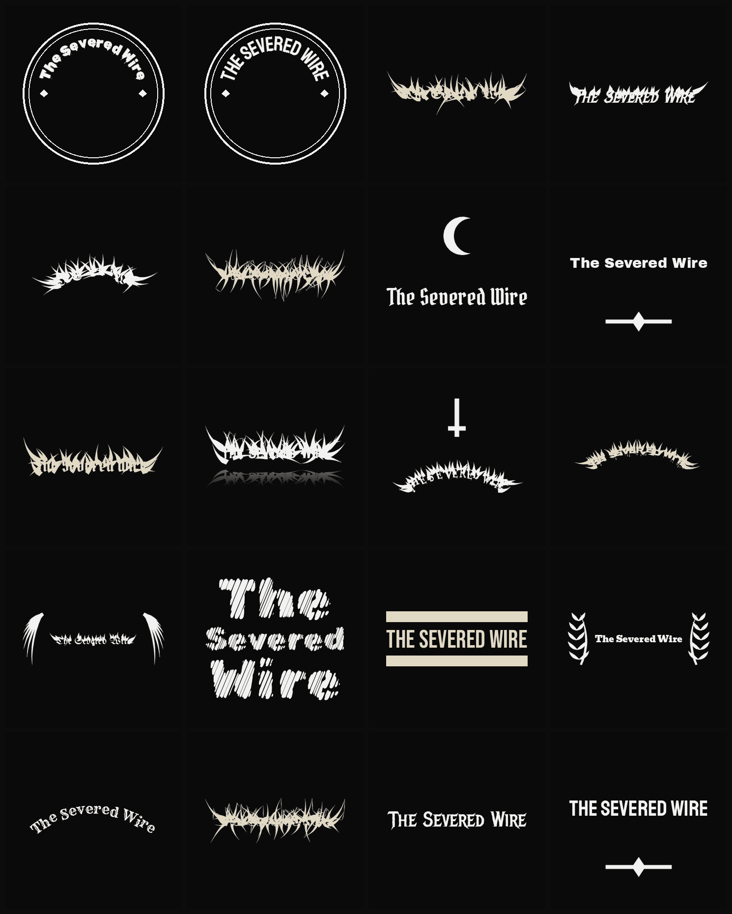 Twenty The Severed Wire band logo ideas — different faces, treatments and spike settings
