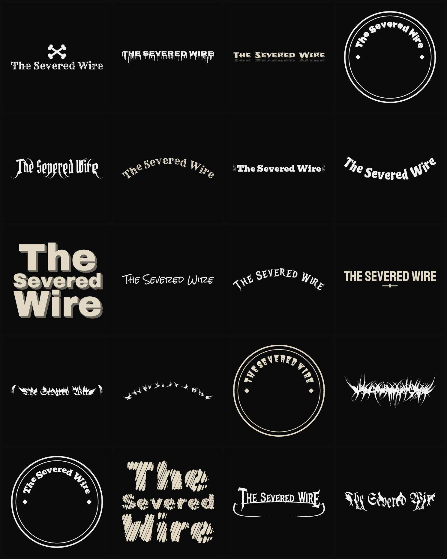 Twenty The Severed Wire band logo ideas — different faces, treatments and spike settings