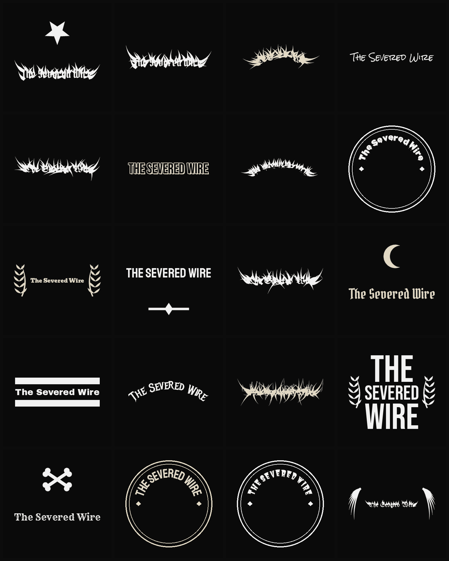 Twenty The Severed Wire band logo ideas — different faces, treatments and spike settings