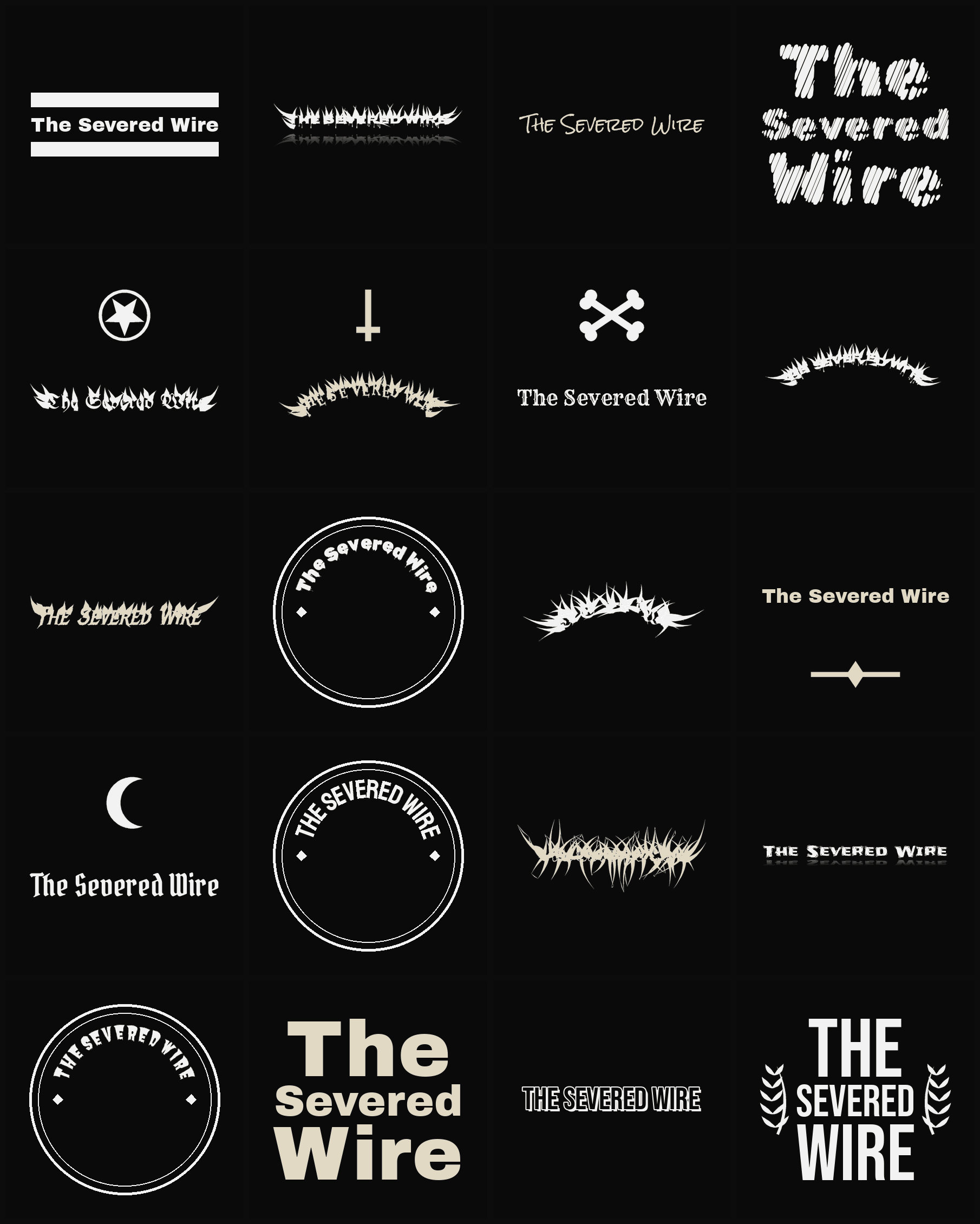Twenty The Severed Wire band logo ideas — different faces, treatments and spike settings