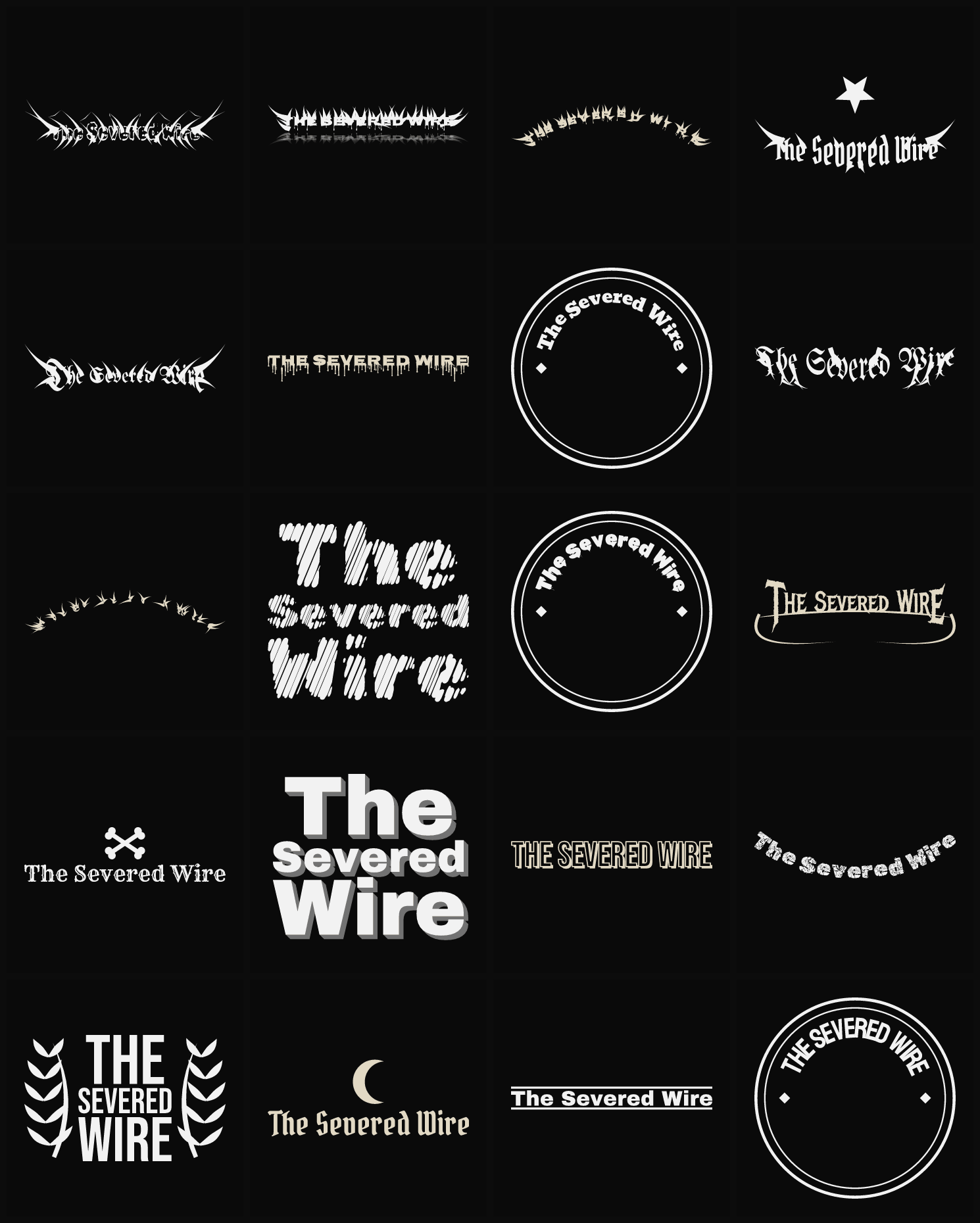 Twenty The Severed Wire band logo ideas — different faces, treatments and spike settings