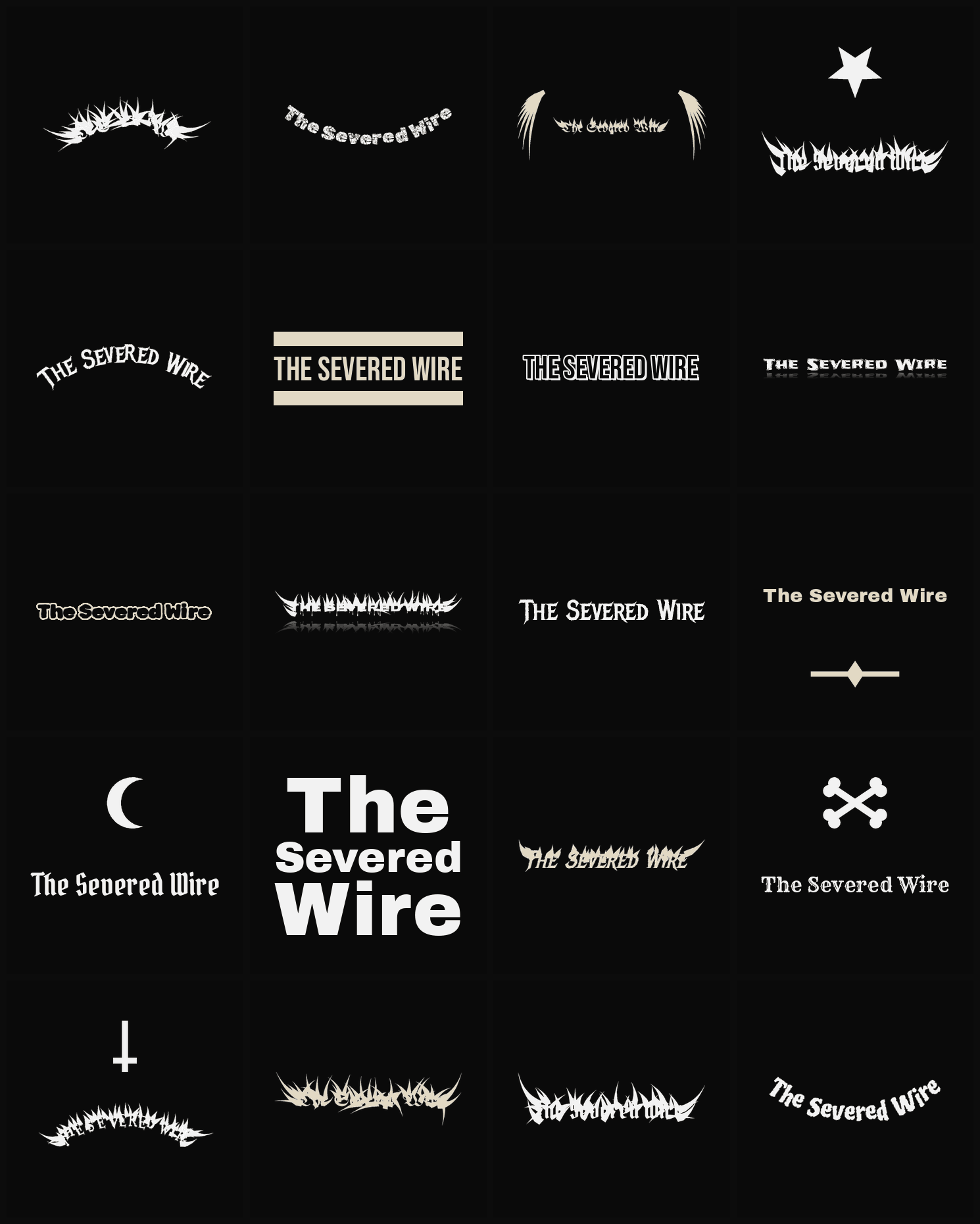Twenty The Severed Wire band logo ideas — different faces, treatments and spike settings