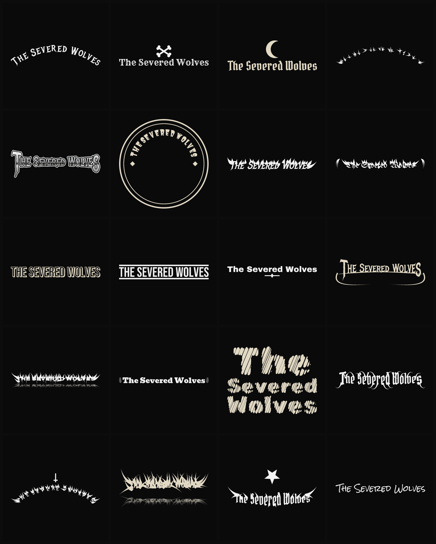 Twenty The Severed Wolves band logo ideas — different faces, treatments and spike settings