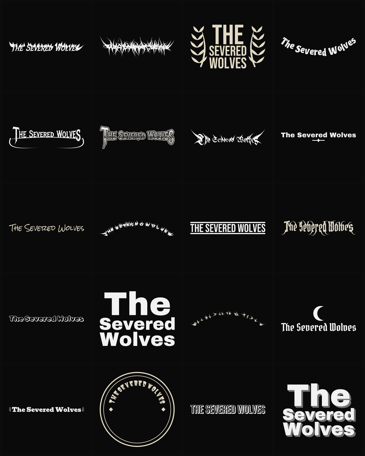 Twenty The Severed Wolves band logo ideas — different faces, treatments and spike settings