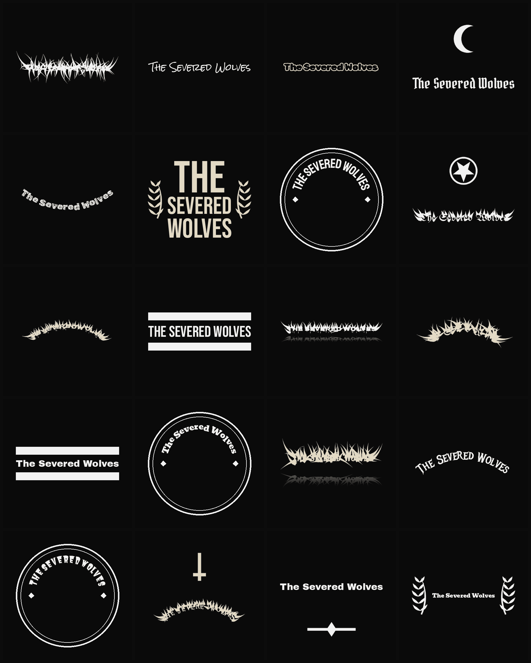 Twenty The Severed Wolves band logo ideas — different faces, treatments and spike settings