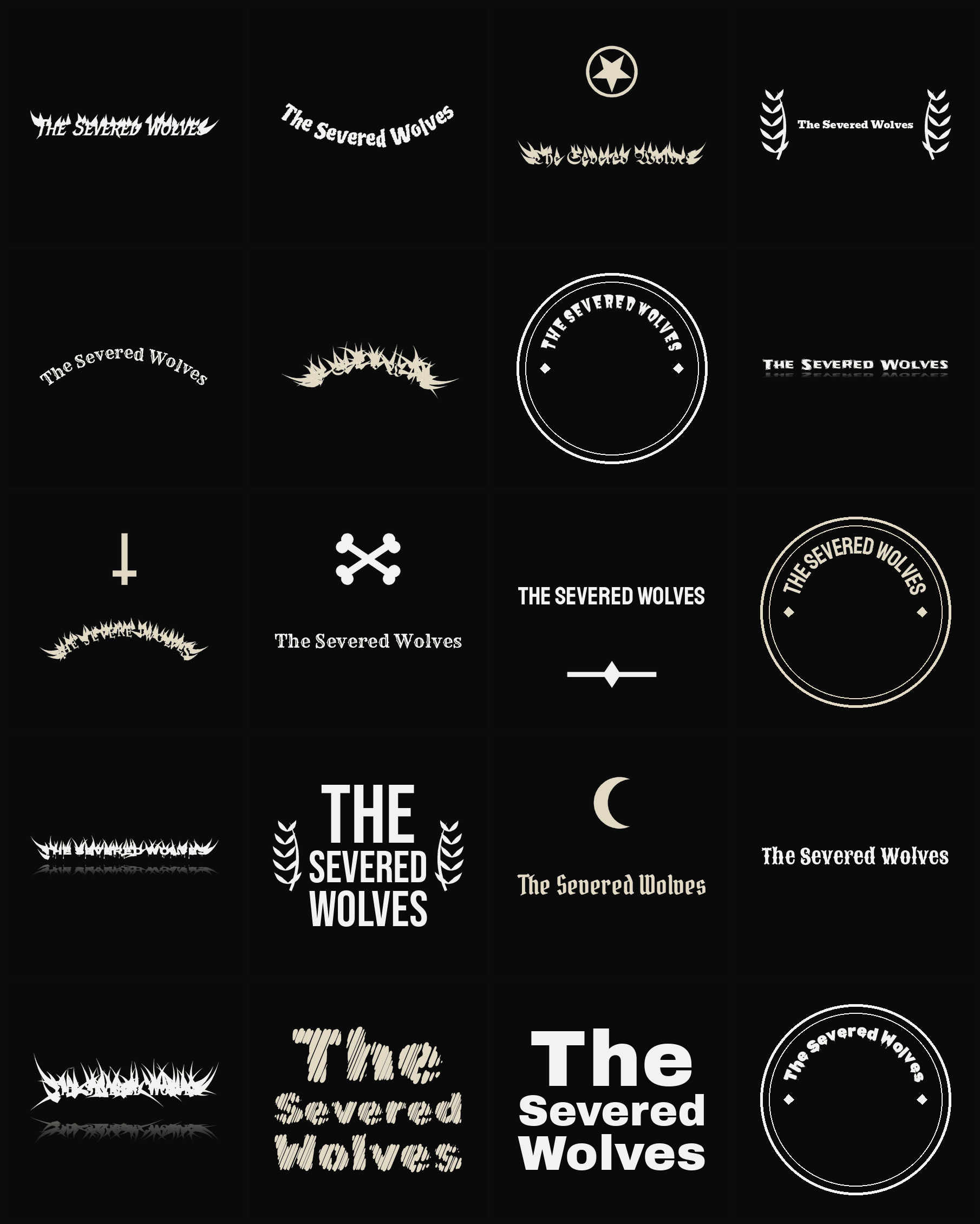 Twenty The Severed Wolves band logo ideas — different faces, treatments and spike settings