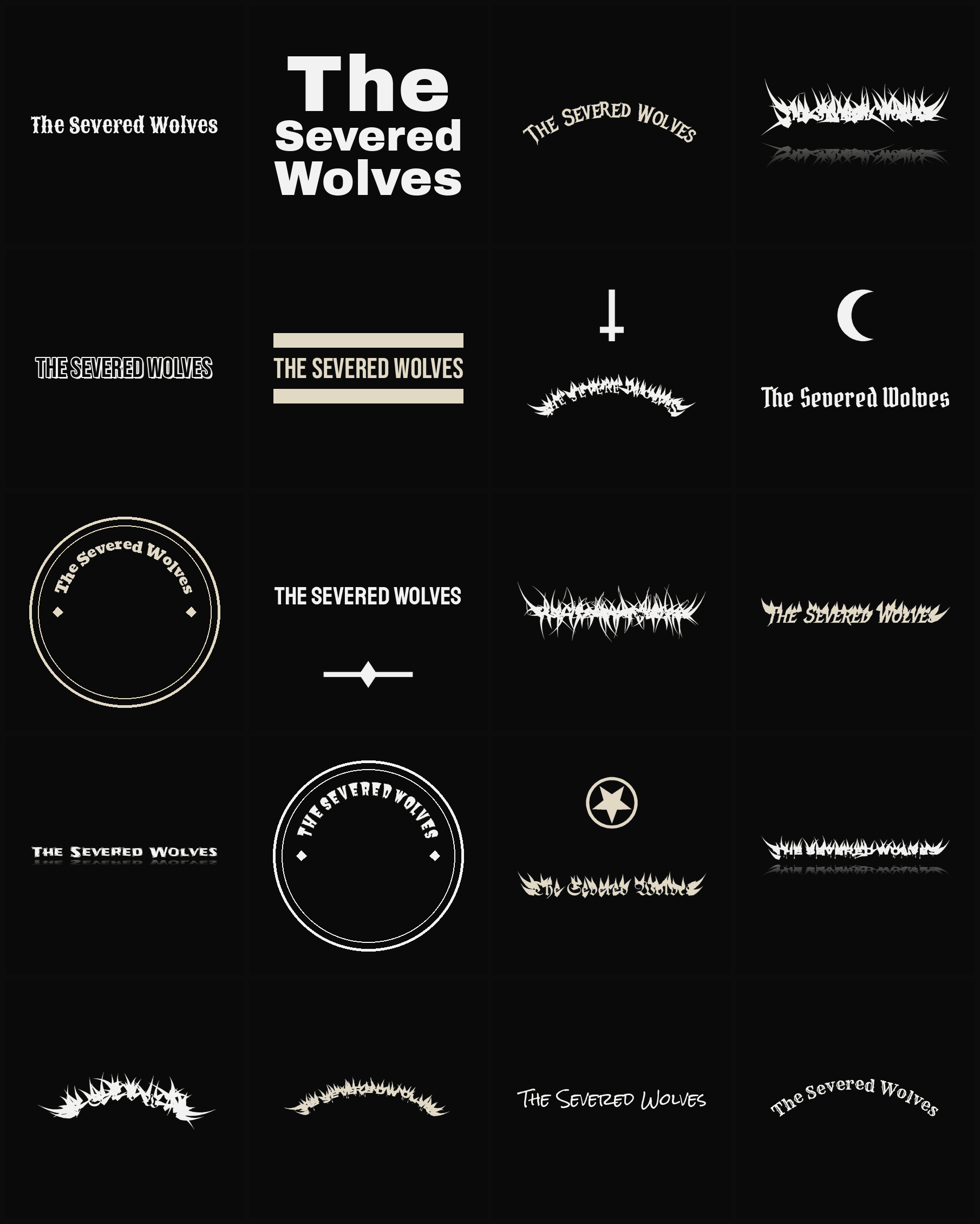 Twenty The Severed Wolves band logo ideas — different faces, treatments and spike settings