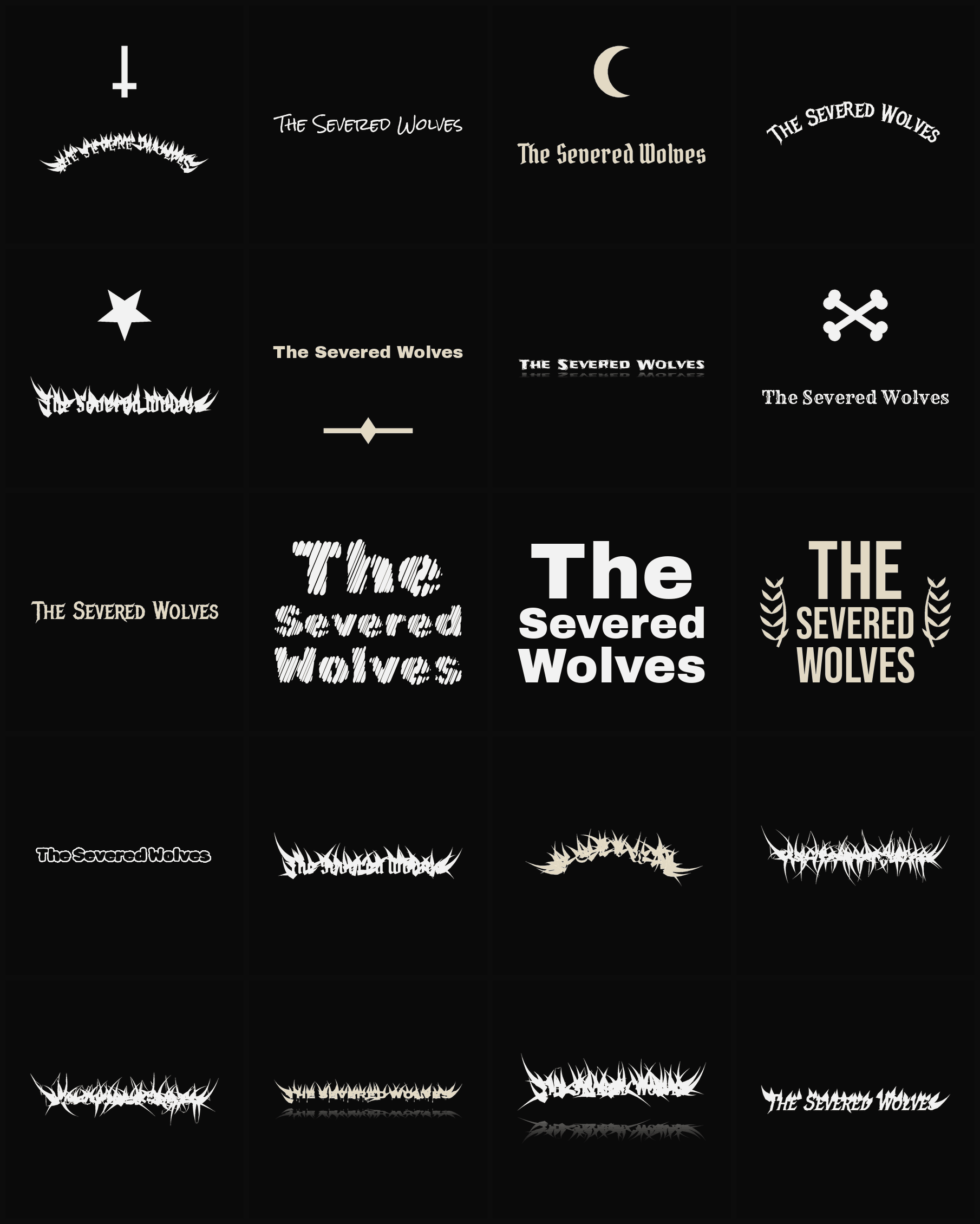 Twenty The Severed Wolves band logo ideas — different faces, treatments and spike settings