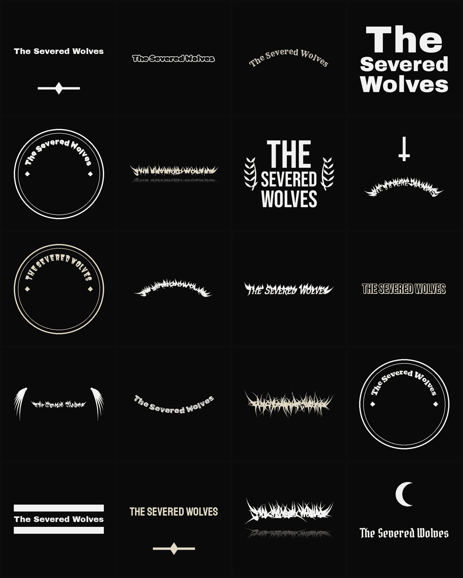 Twenty The Severed Wolves band logo ideas — different faces, treatments and spike settings