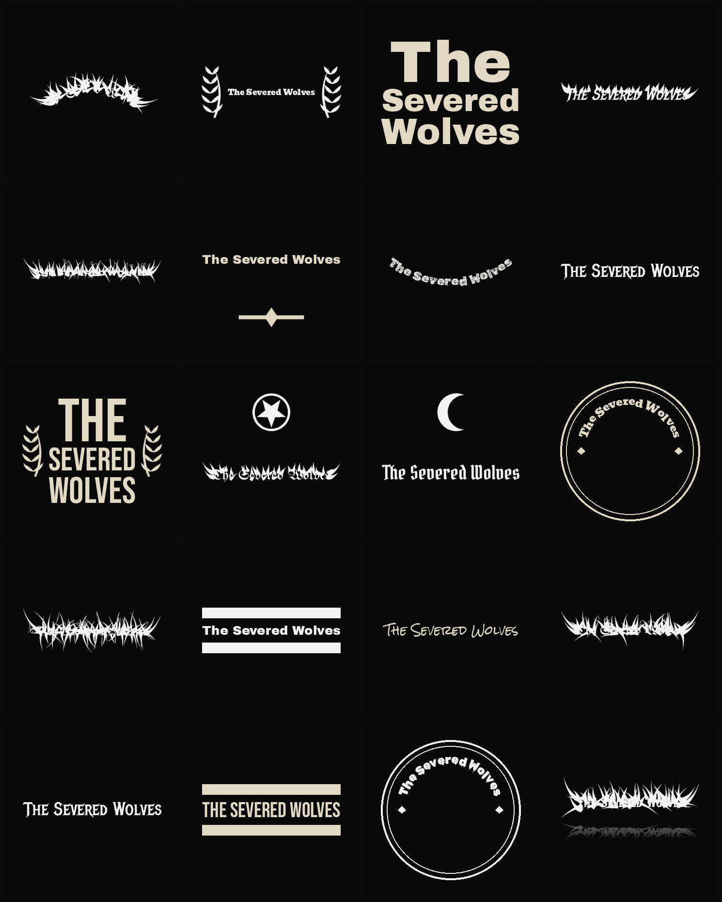 Twenty The Severed Wolves band logo ideas — different faces, treatments and spike settings