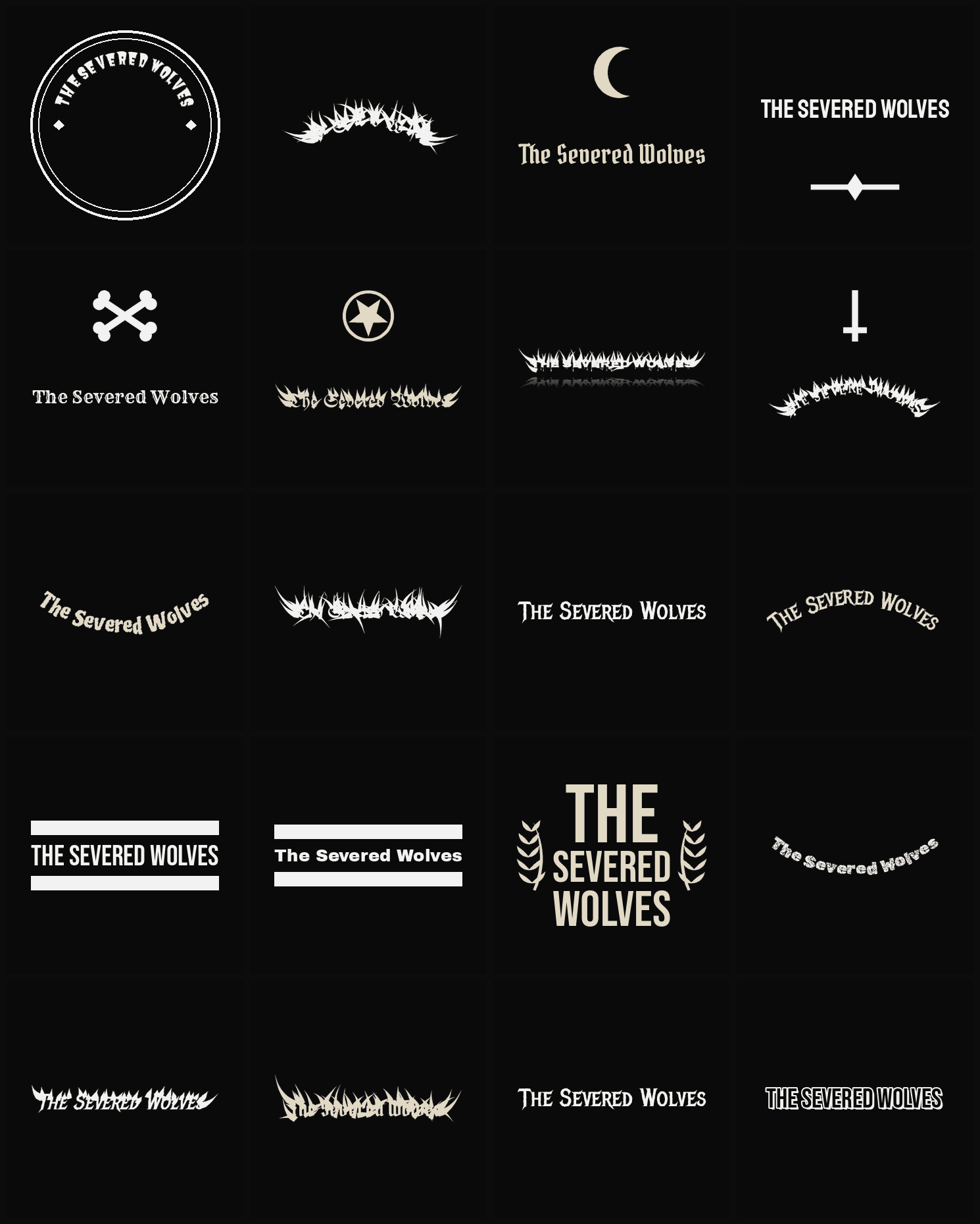 Twenty The Severed Wolves band logo ideas — different faces, treatments and spike settings