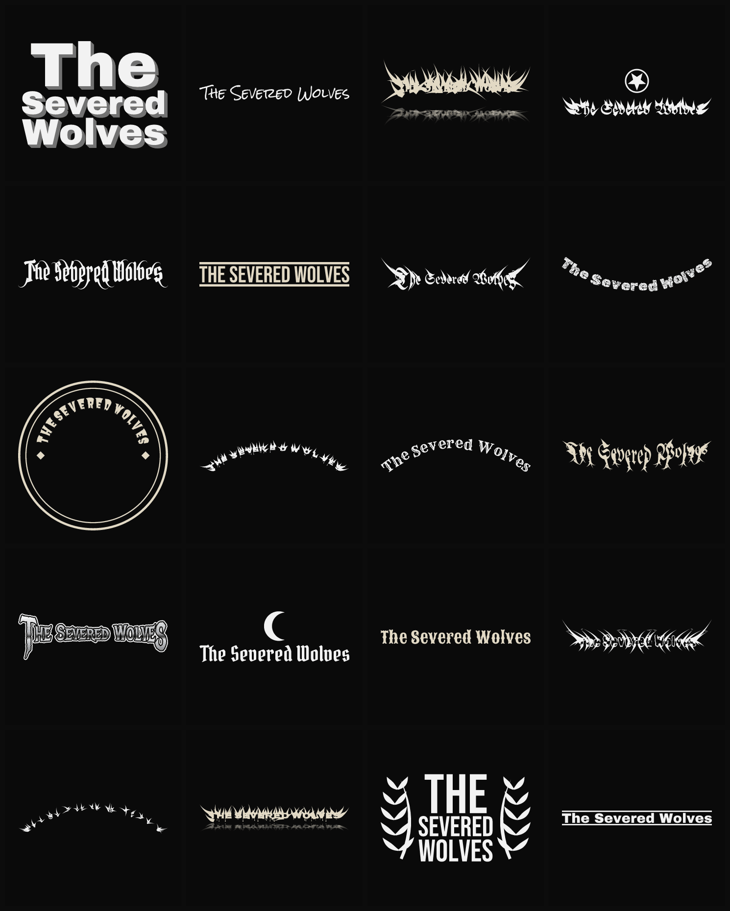 Twenty The Severed Wolves band logo ideas — different faces, treatments and spike settings