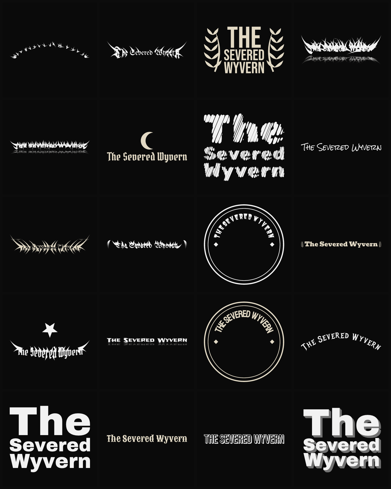 Twenty The Severed Wyvern band logo ideas — different faces, treatments and spike settings
