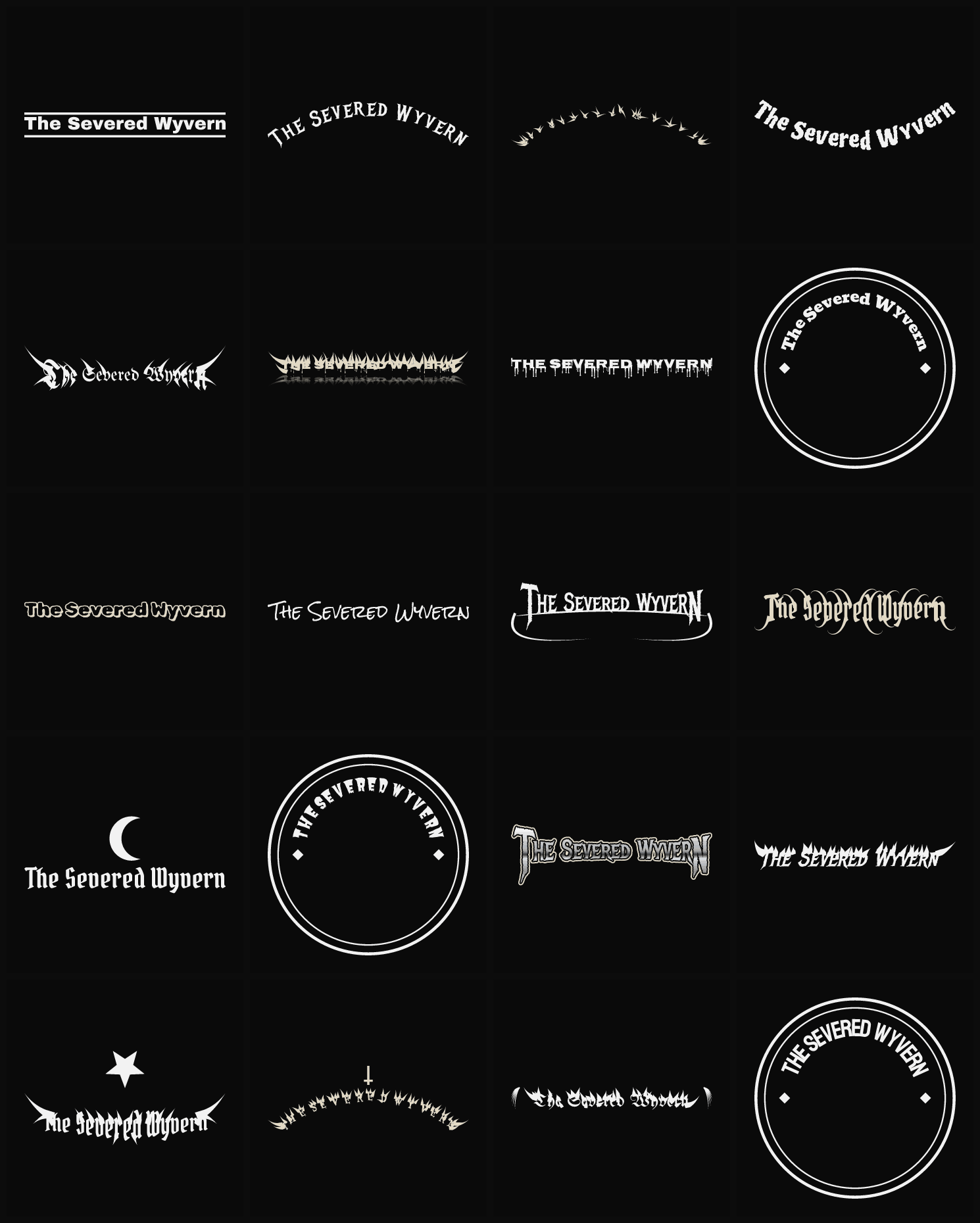 Twenty The Severed Wyvern band logo ideas — different faces, treatments and spike settings