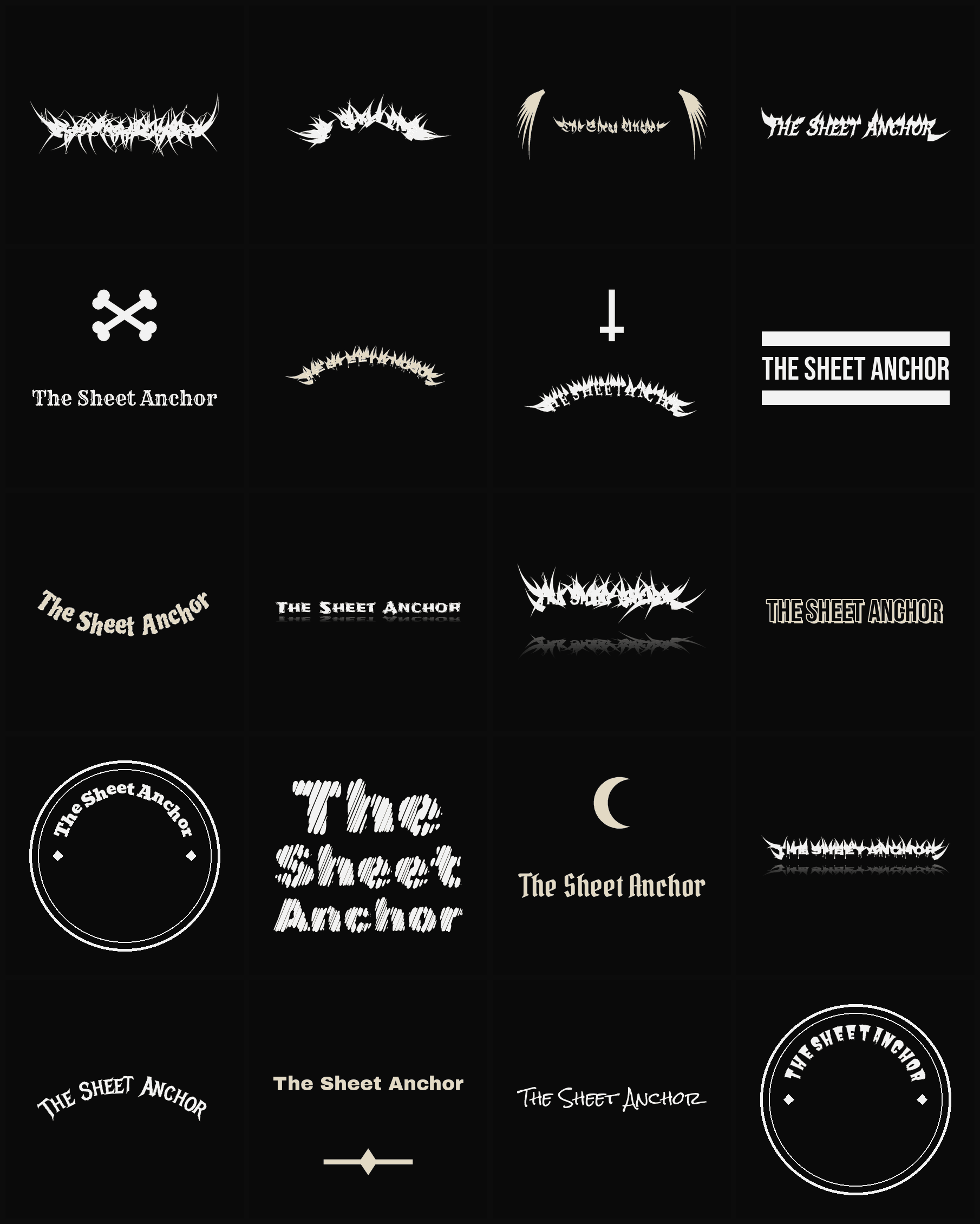 Twenty The Sheet Anchor band logo ideas — different faces, treatments and spike settings