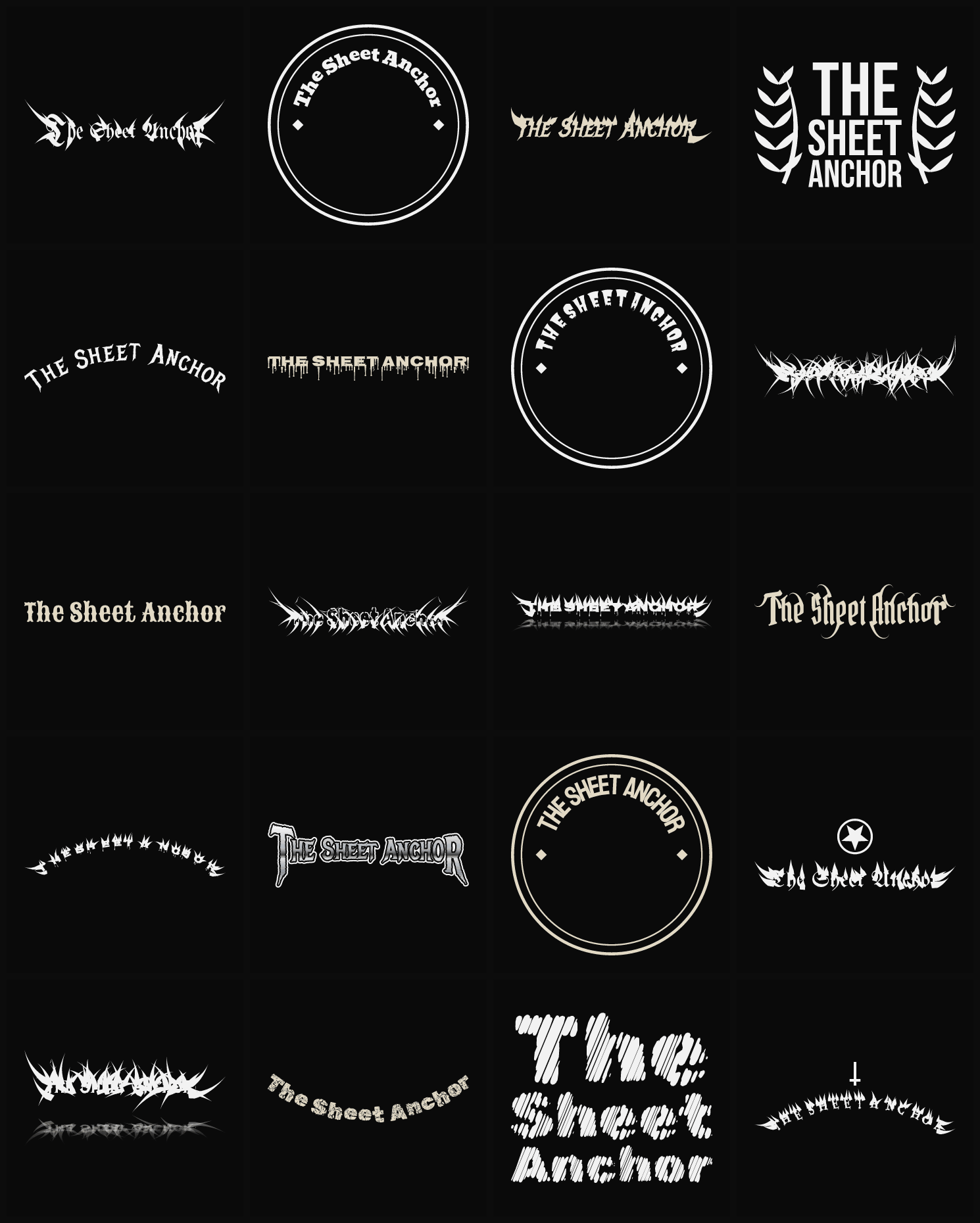 Twenty The Sheet Anchor band logo ideas — different faces, treatments and spike settings