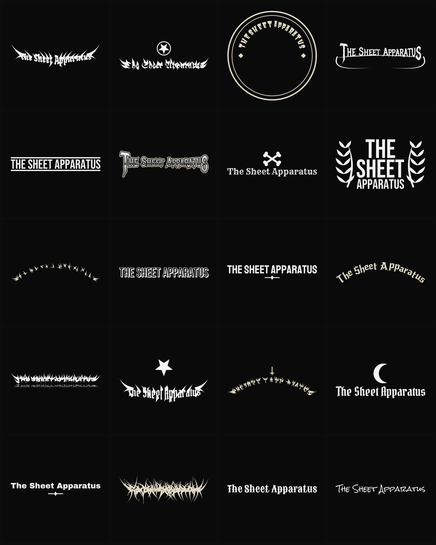 Twenty The Sheet Apparatus band logo ideas — different faces, treatments and spike settings