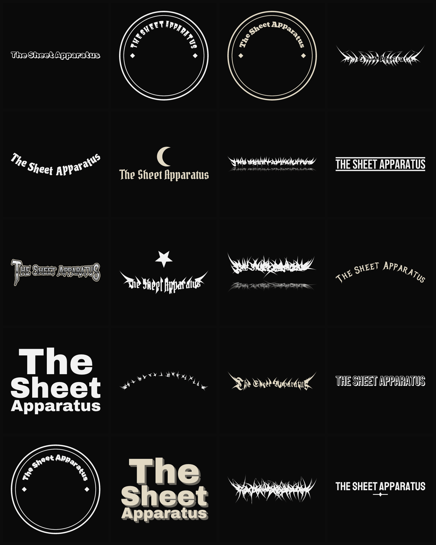 Twenty The Sheet Apparatus band logo ideas — different faces, treatments and spike settings