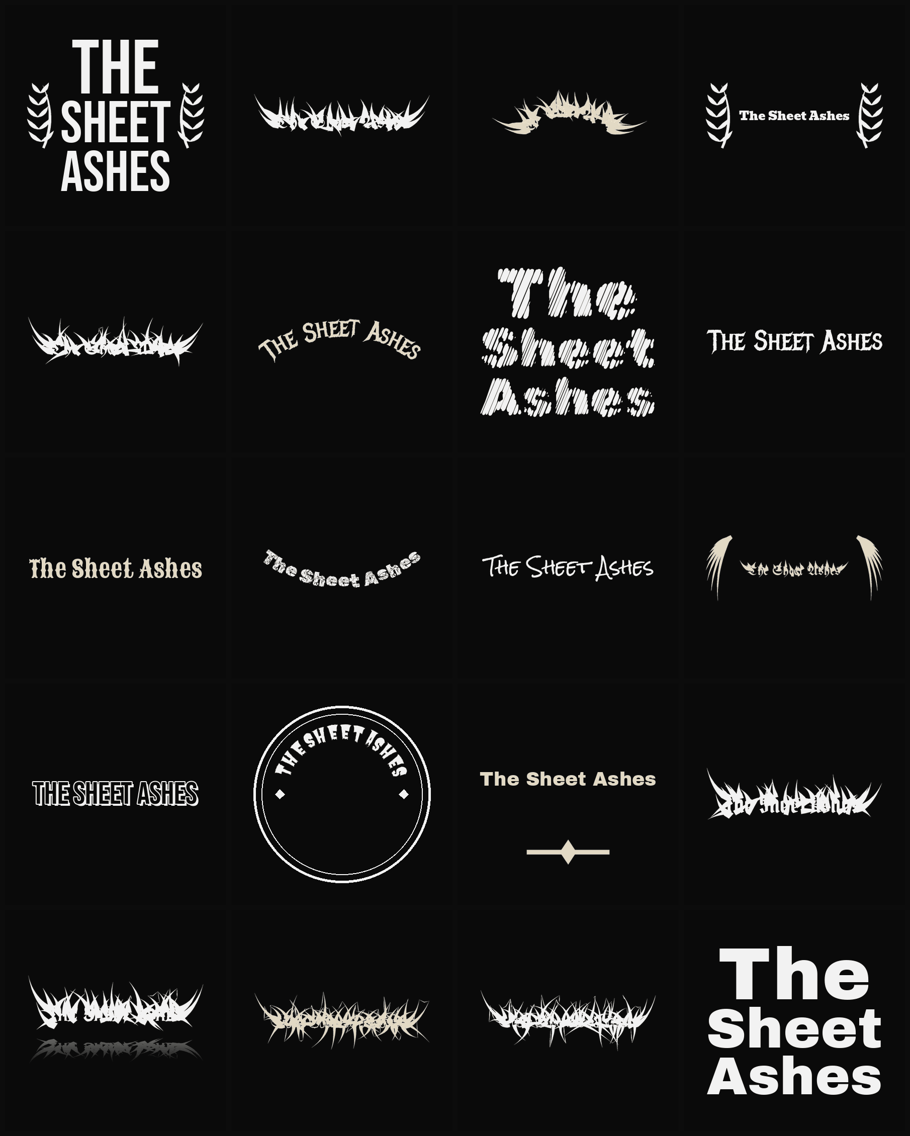 Twenty The Sheet Ashes band logo ideas — different faces, treatments and spike settings