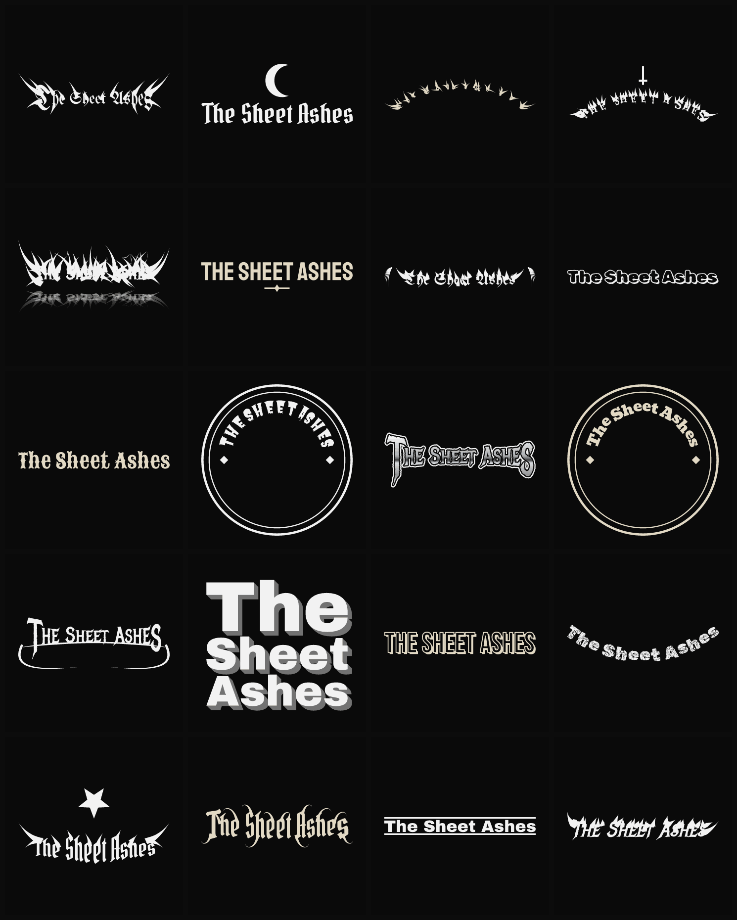Twenty The Sheet Ashes band logo ideas — different faces, treatments and spike settings