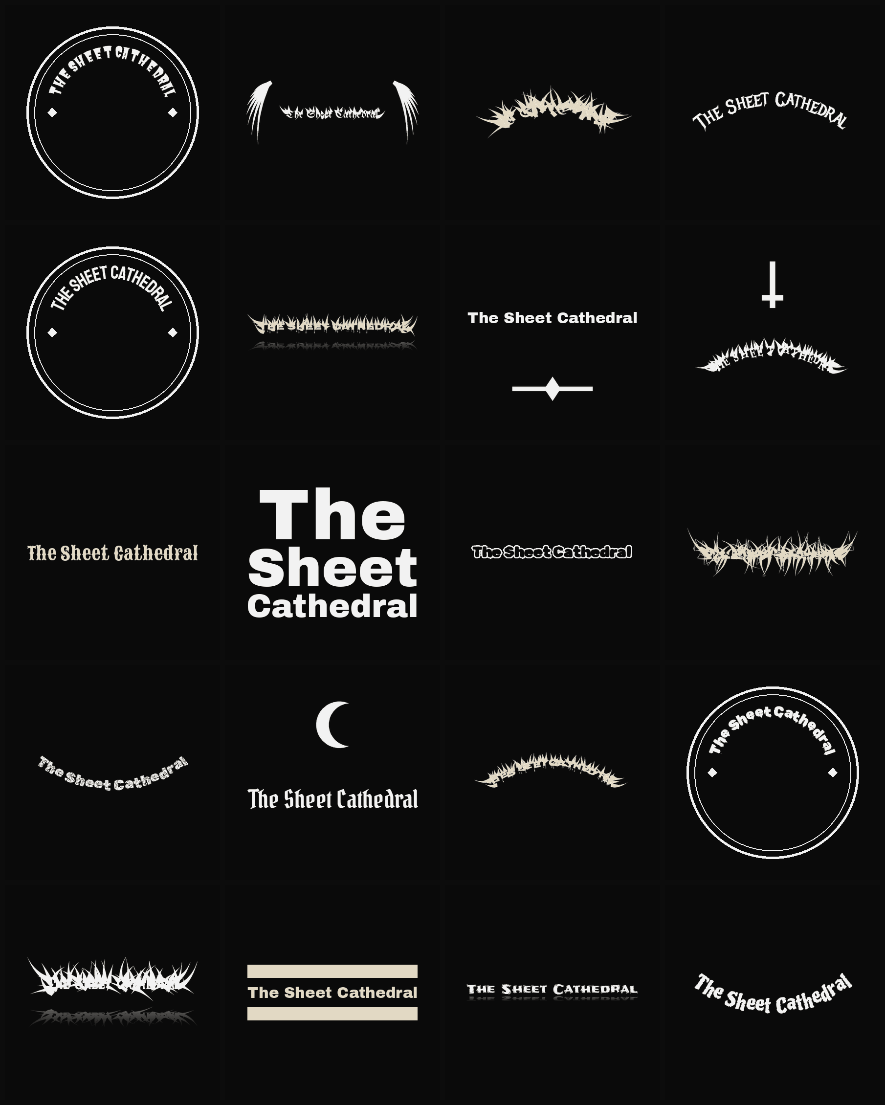 Twenty The Sheet Cathedral band logo ideas — different faces, treatments and spike settings