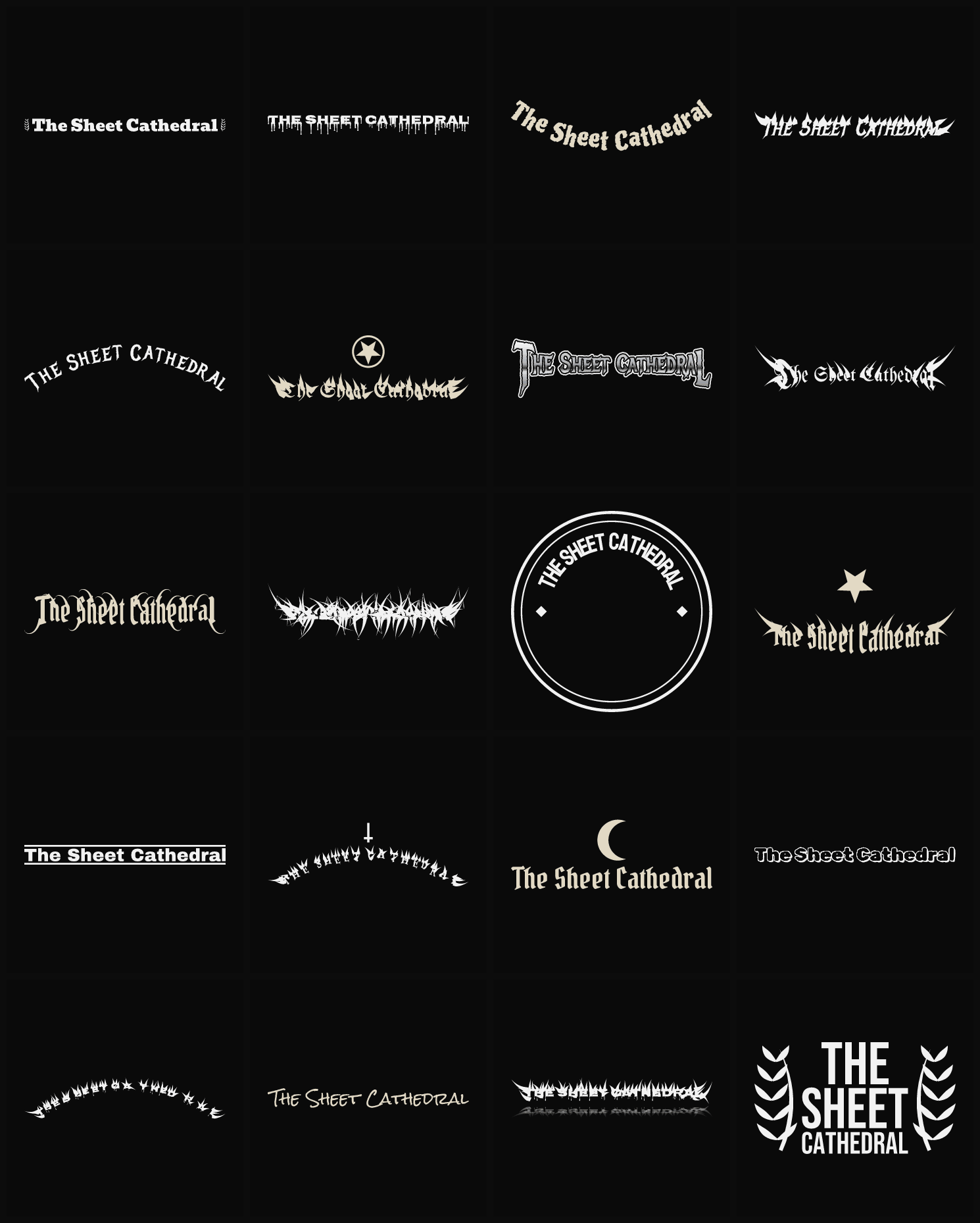 Twenty The Sheet Cathedral band logo ideas — different faces, treatments and spike settings